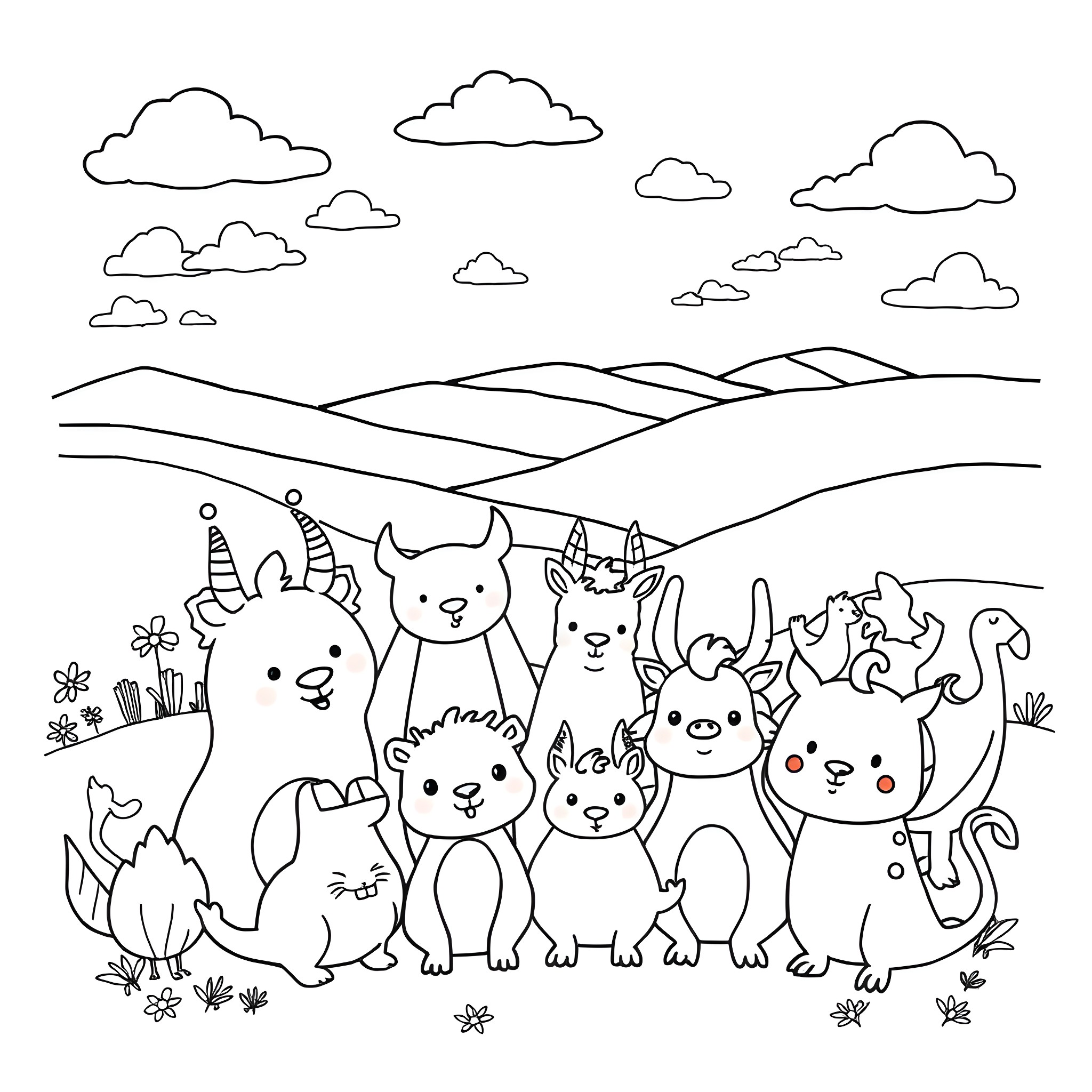 Rainbow Friend Celebrating Joyous Gathering in Nature Coloring Page (free black-and-white line drawing printable PDF for all, from beginners to advanced learners, including children, teens, adults, and seniors)
