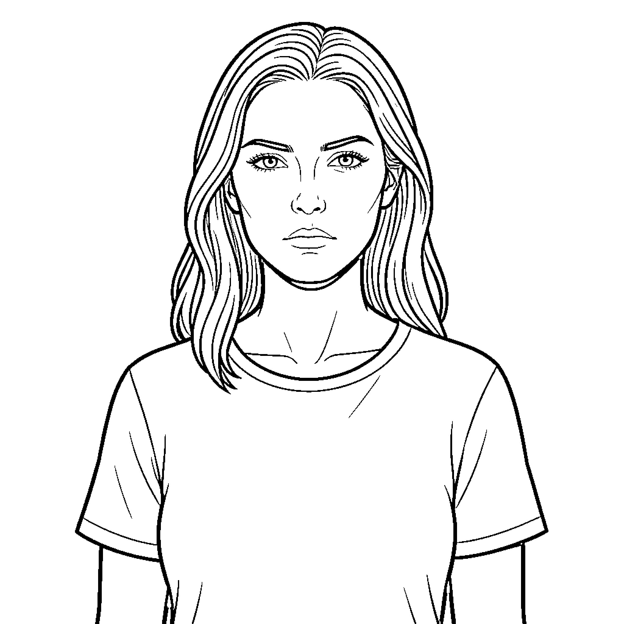 Woman with serious expression in casual clothing Coloring Page (free black-and-white line drawing printable PDF for all, from beginners to advanced learners, including children, teens, adults, and seniors)