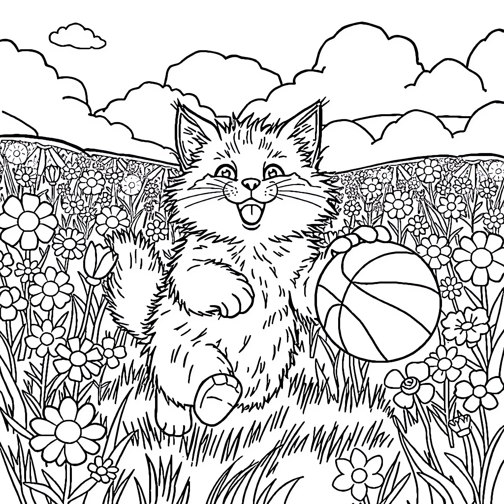 Cat playing with ball in a floral field Coloring Page (free black-and-white line drawing printable PDF for all, from beginners to advanced learners, including children, teens, adults, and seniors)