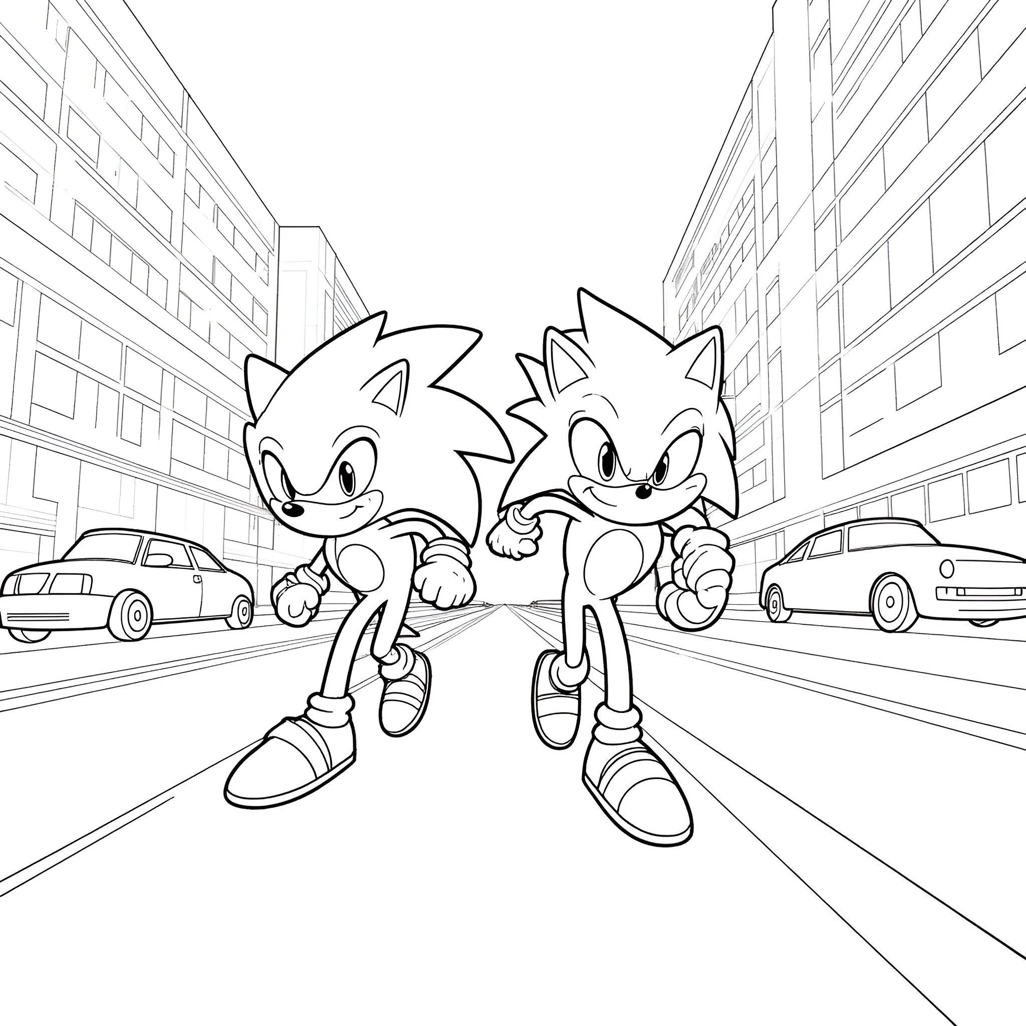 Sonic and Tails running through the city Coloring Page (free black-and-white line drawing printable PDF for all, from beginners to advanced learners, including children, teens, adults, and seniors)
