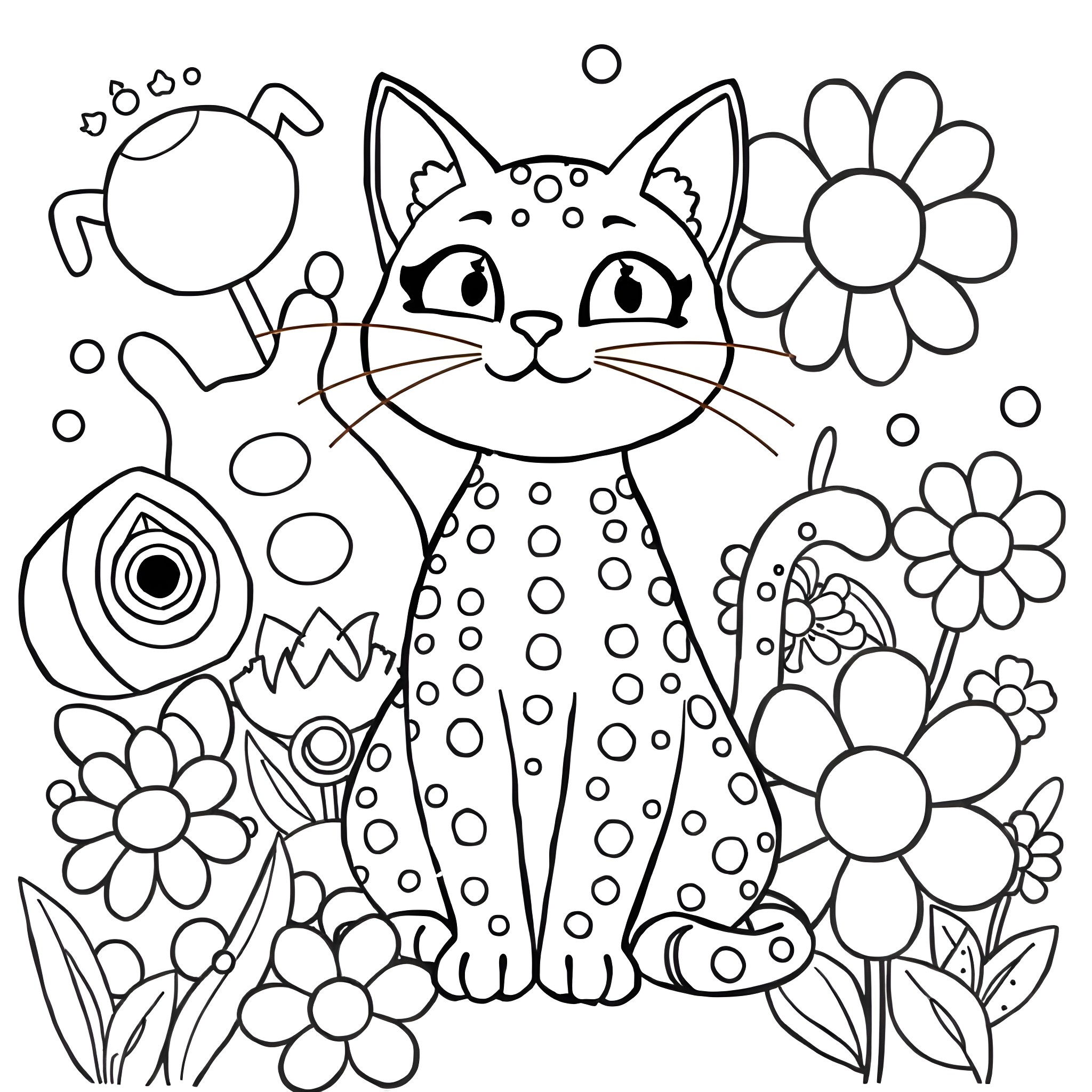 Cat surrounded by whimsical flowers and shapes Coloring Page (free black-and-white line drawing printable PDF for all, from beginners to advanced learners, including children, teens, adults, and seniors)