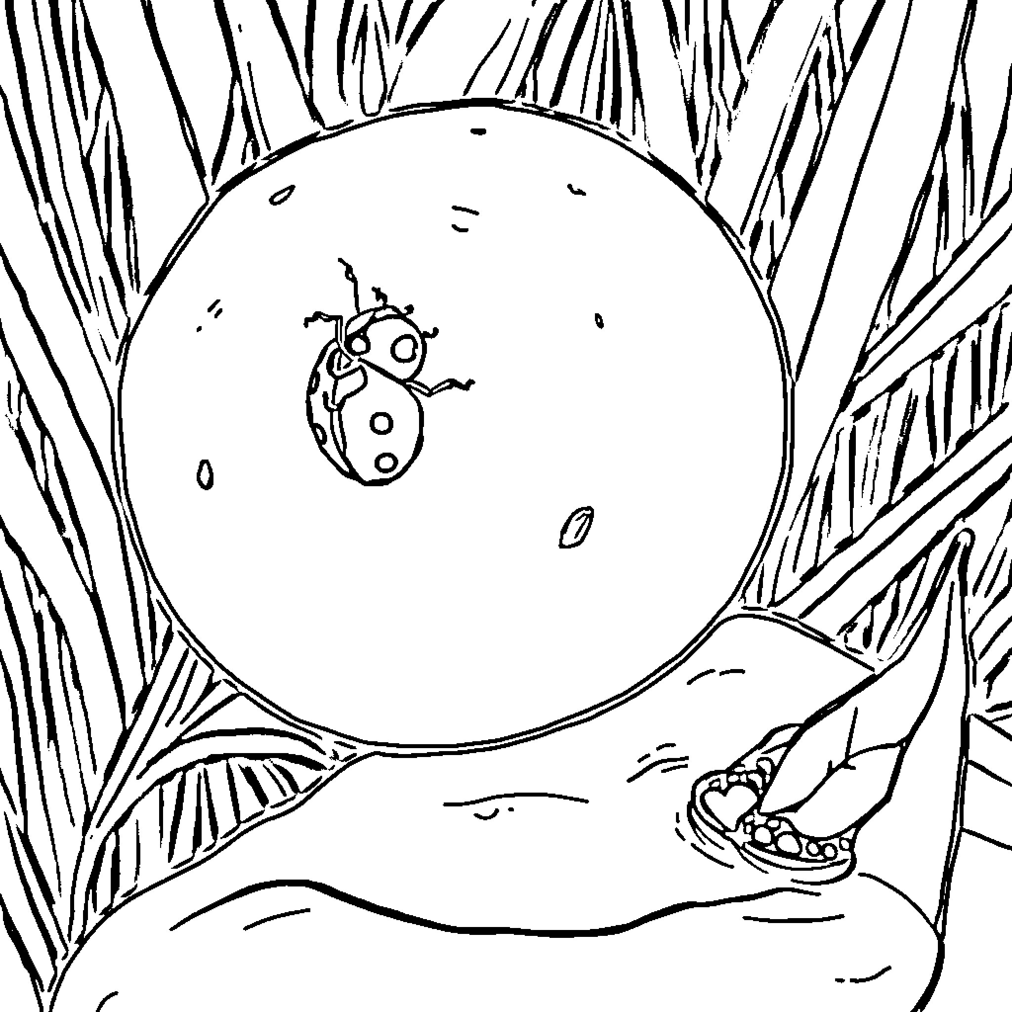 Ladybug exploring the lush vegetation Coloring Page (free black-and-white line drawing printable PDF for all, from beginners to advanced learners, including children, teens, adults, and seniors)