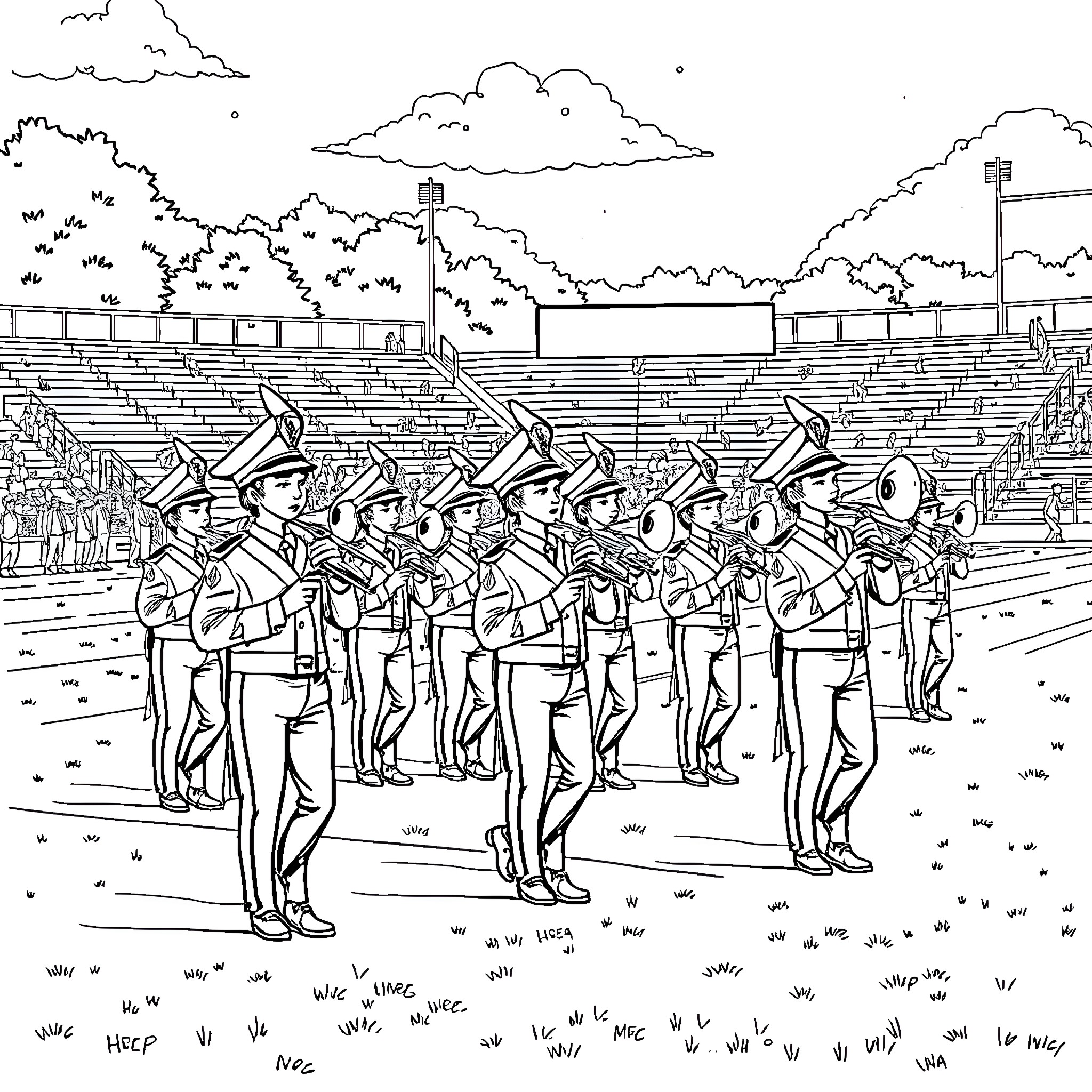 Band performing in outdoor stadium Coloring Page (free black-and-white line drawing printable PDF for all, from beginners to advanced learners, including children, teens, adults, and seniors)
