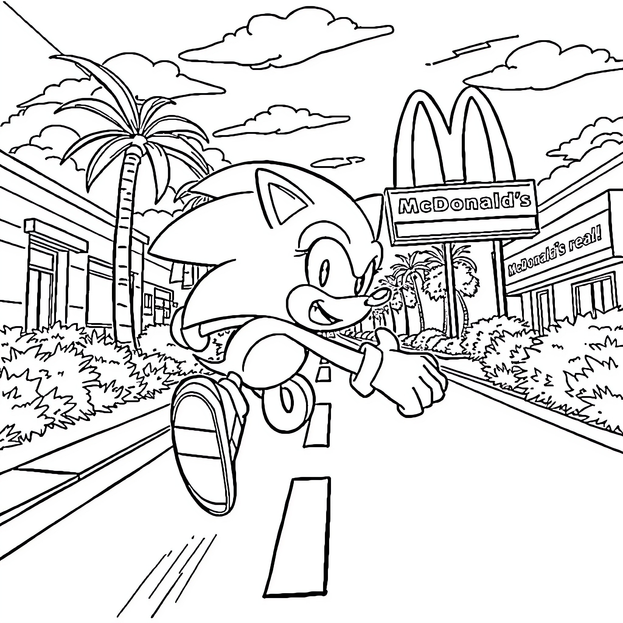 Sonic exploring a McDonald's-themed town Coloring Page (free black-and-white line drawing printable PDF for all, from beginners to advanced learners, including children, teens, adults, and seniors)