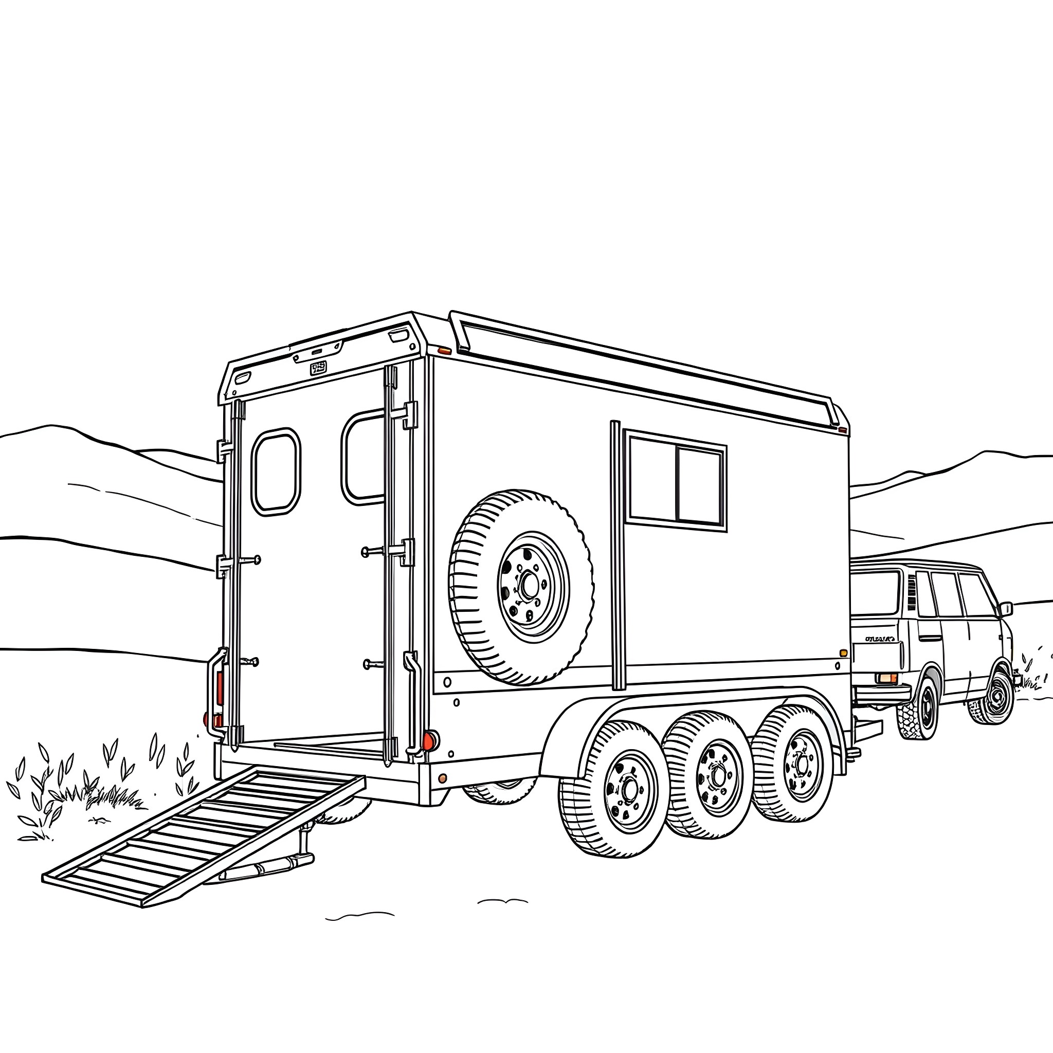 Car Trailer Transporting Outdoor Adventure Gear Coloring Page (free black-and-white line drawing printable PDF for all, from beginners to advanced learners, including children, teens, adults, and seniors)