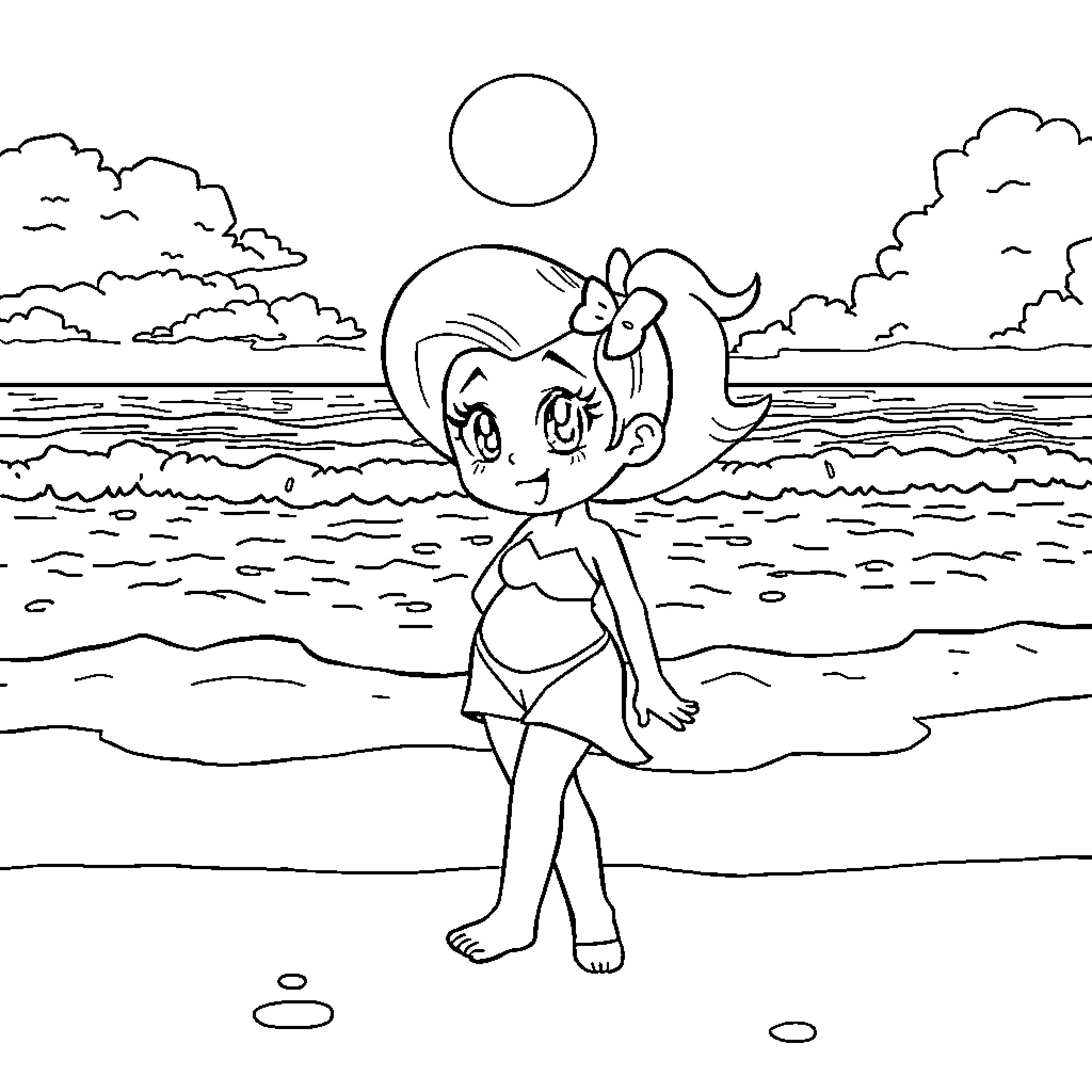Bulma enjoying a day at the beach Coloring Page (free black-and-white line drawing printable PDF for all, from beginners to advanced learners, including children, teens, adults, and seniors)
