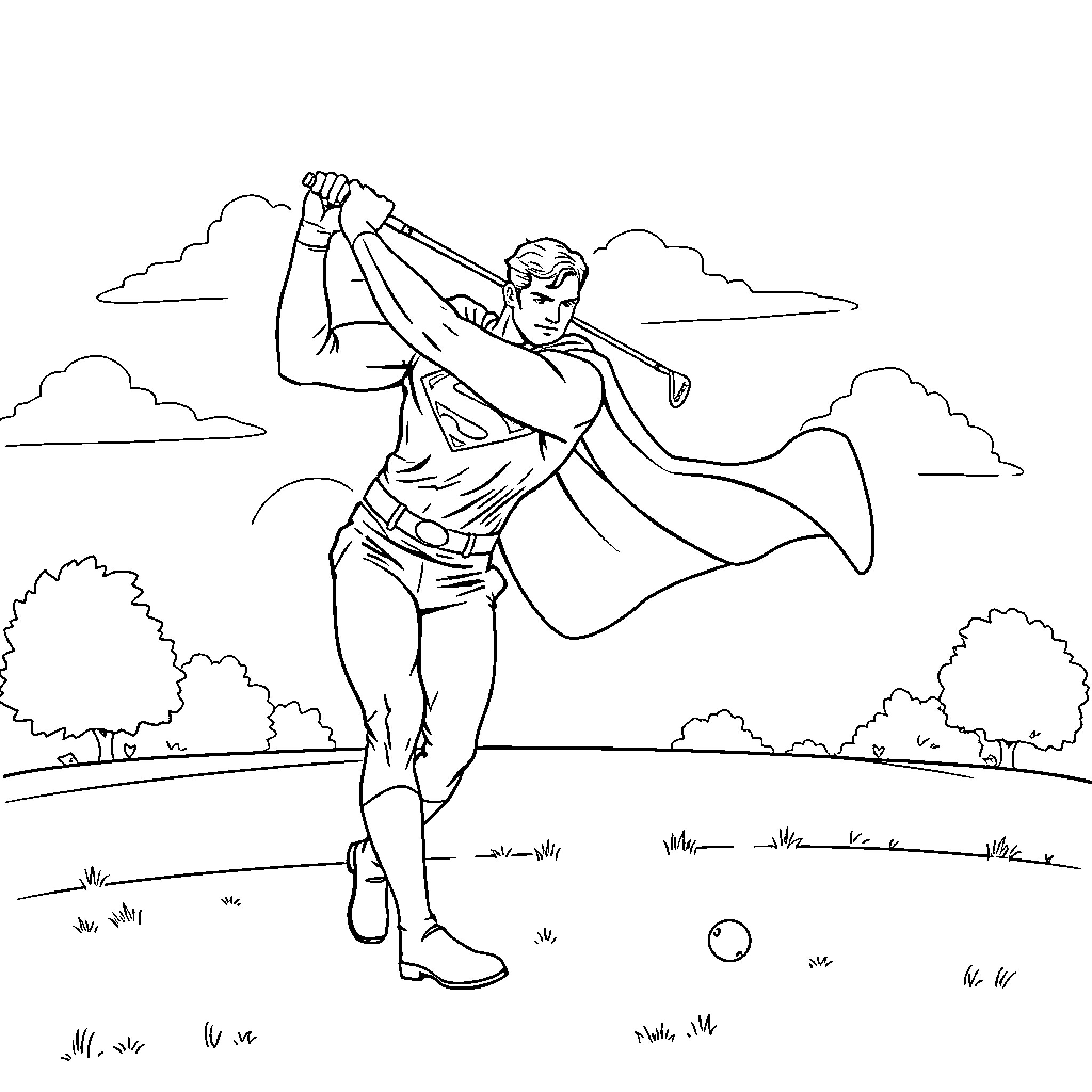 Superman takes flight in an outdoor setting Coloring Page (free black-and-white line drawing printable PDF for all, from beginners to advanced learners, including children, teens, adults, and seniors)