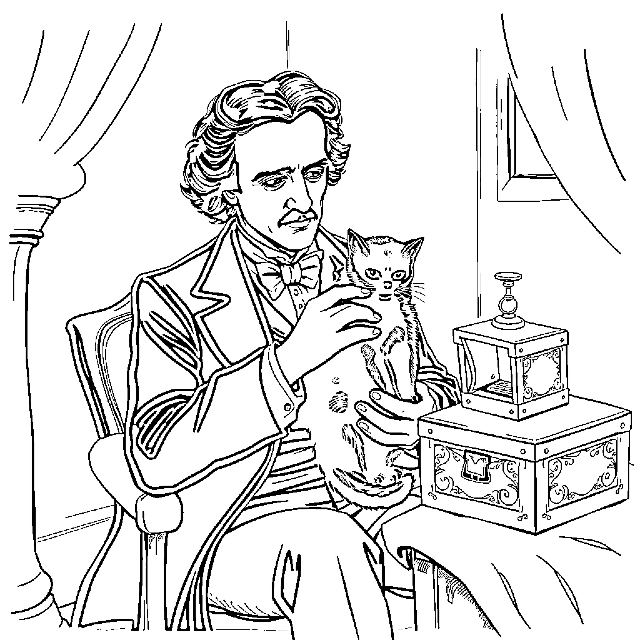 Cat comforting man in study Coloring Page (free black-and-white line drawing printable PDF for all, from beginners to advanced learners, including children, teens, adults, and seniors)