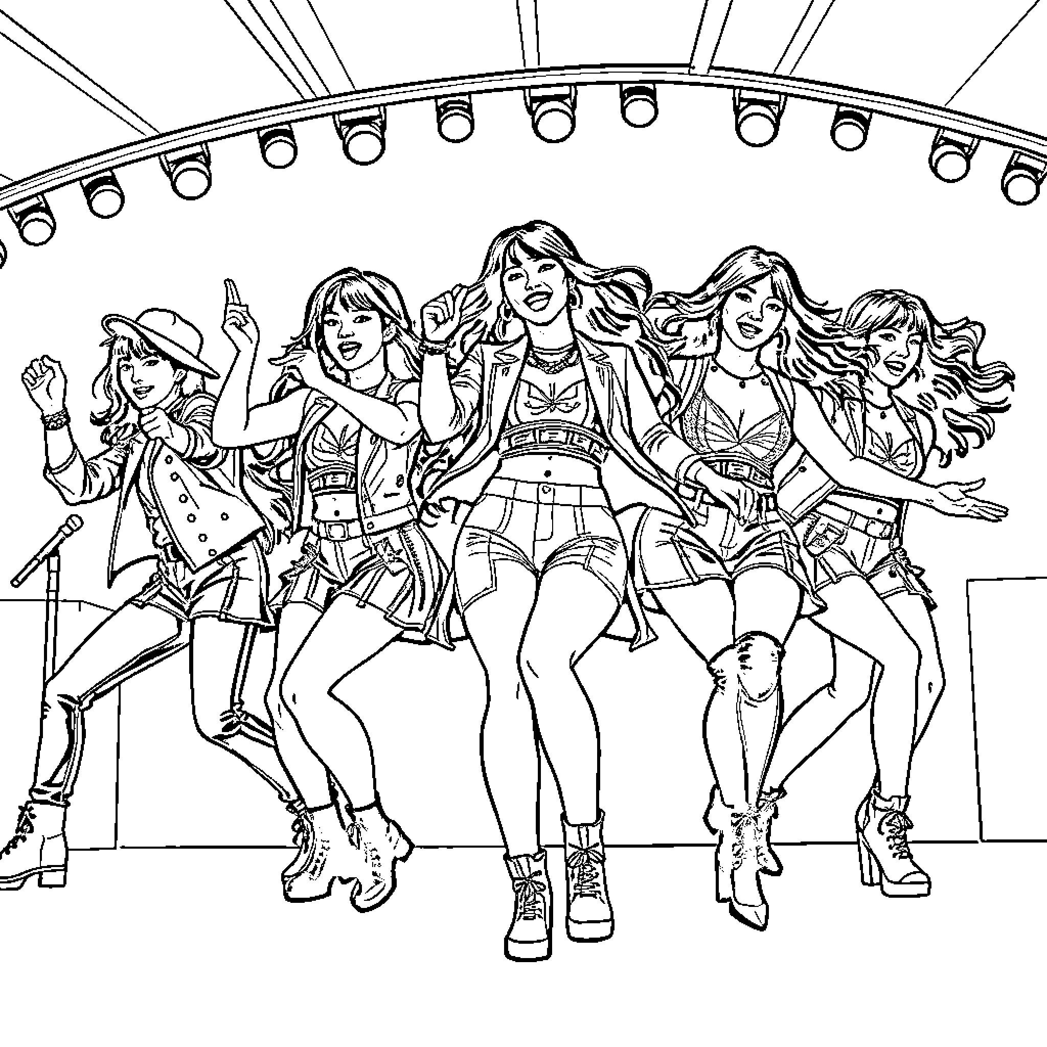 Kpop Warriors Performing on Stage with Lively Expressions Coloring Page (free black-and-white line drawing printable PDF for all, from beginners to advanced learners, including children, teens, adults, and seniors)