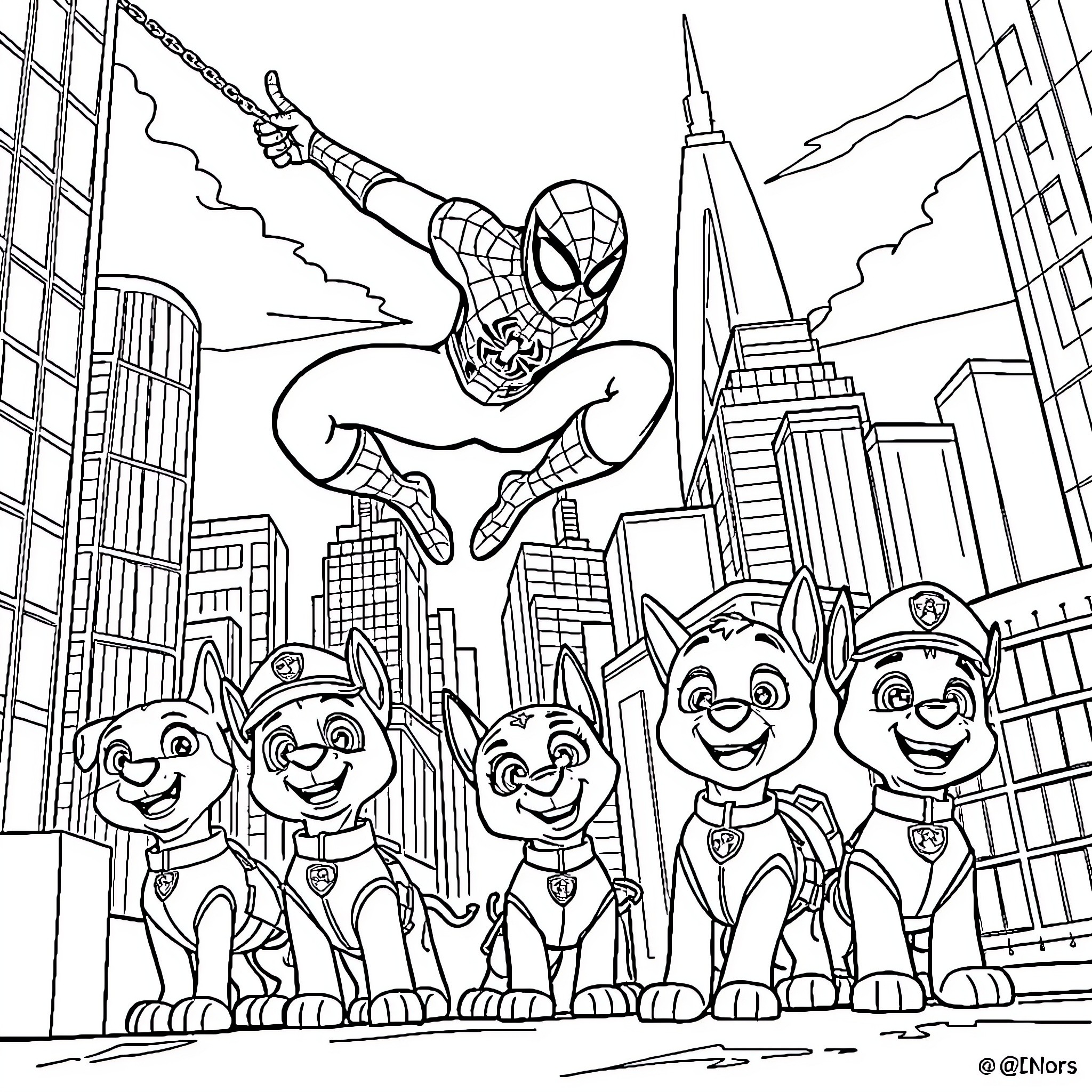 Spiderman Swings Over Cheerful Paw Patrol Puppies in the City Coloring Page (free black-and-white line drawing printable PDF for all, from beginners to advanced learners, including children, teens, adults, and seniors)
