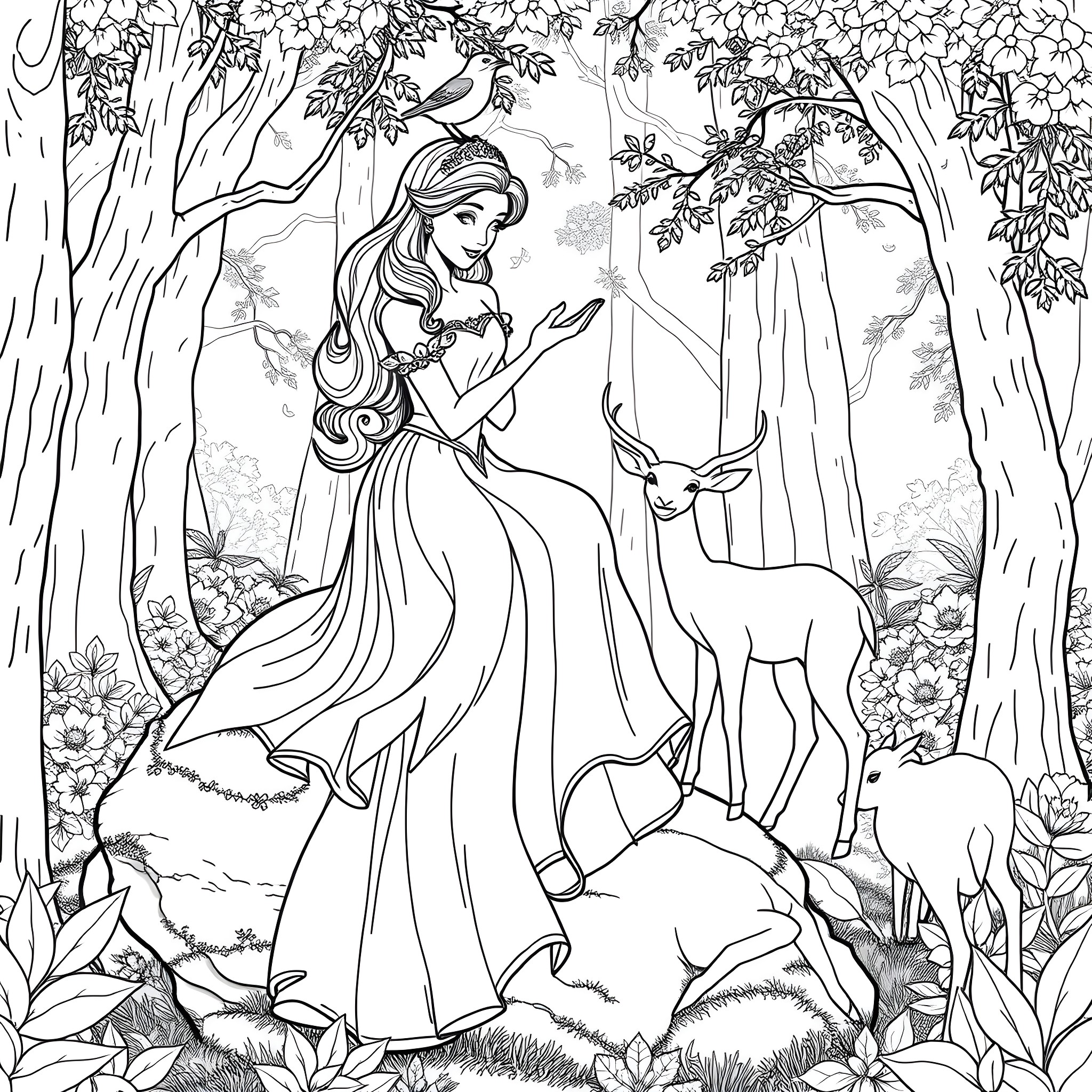 Princess in the Enchanted Forest Coloring Page (free black-and-white line drawing printable PDF for all, from beginners to advanced learners, including children, teens, adults, and seniors)