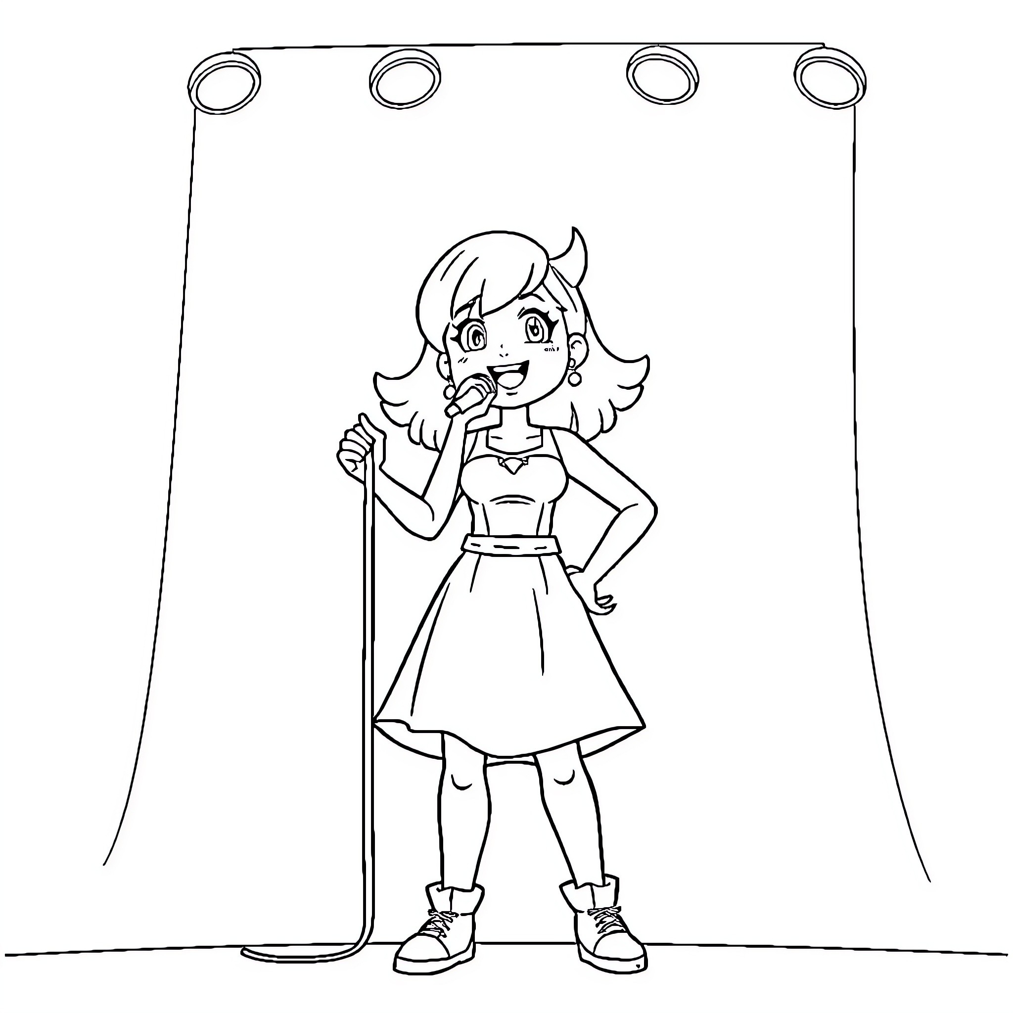 Ash's Playful Performance on Stage Coloring Page (free black-and-white line drawing printable PDF for all, from beginners to advanced learners, including children, teens, adults, and seniors)
