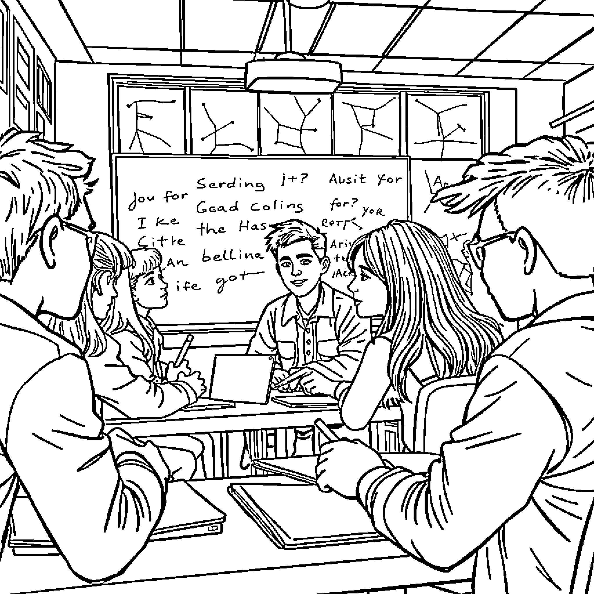 Leadership in the Classroom: Students Engage in Dialogue Coloring Page (free black-and-white line drawing printable PDF for all, from beginners to advanced learners, including children, teens, adults, and seniors)