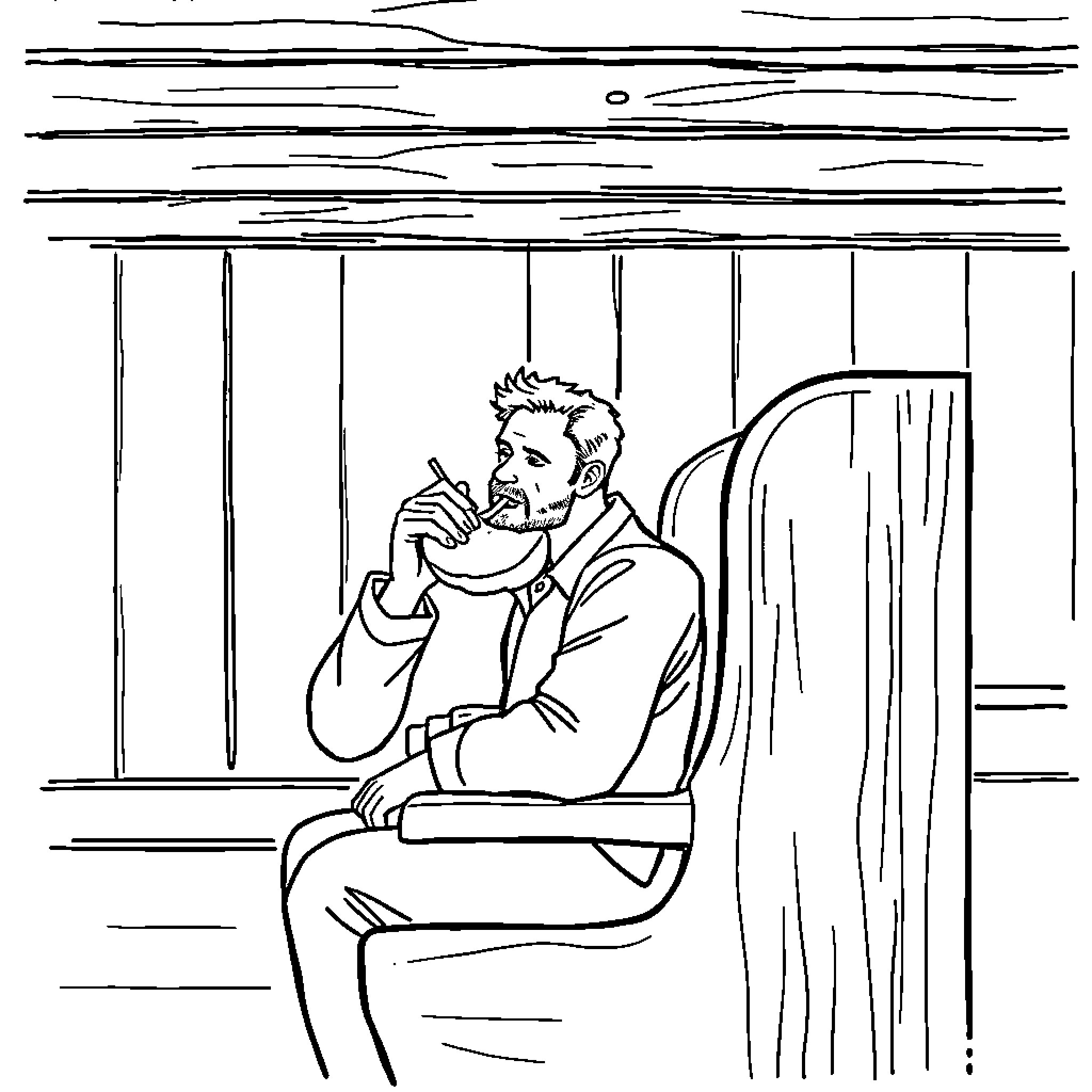 Man sitting alone in contemplation Coloring Page (free black-and-white line drawing printable PDF for all, from beginners to advanced learners, including children, teens, adults, and seniors)