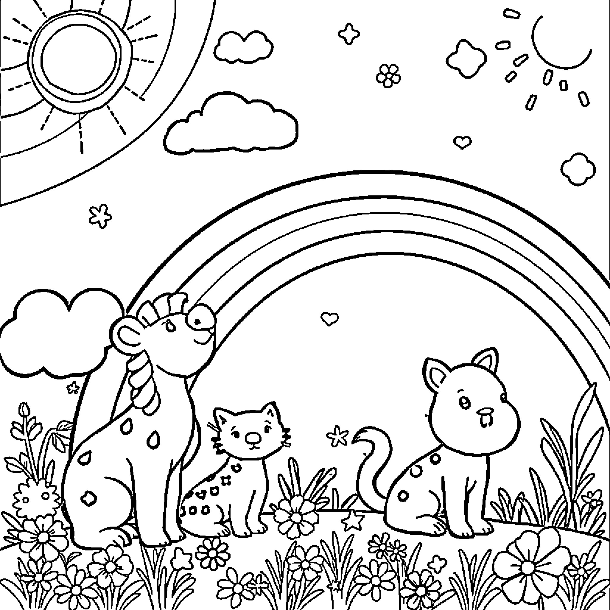 Lisa Frank's whimsical animal friends in a magical garden Coloring Page (free black-and-white line drawing printable PDF for all, from beginners to advanced learners, including children, teens, adults, and seniors)