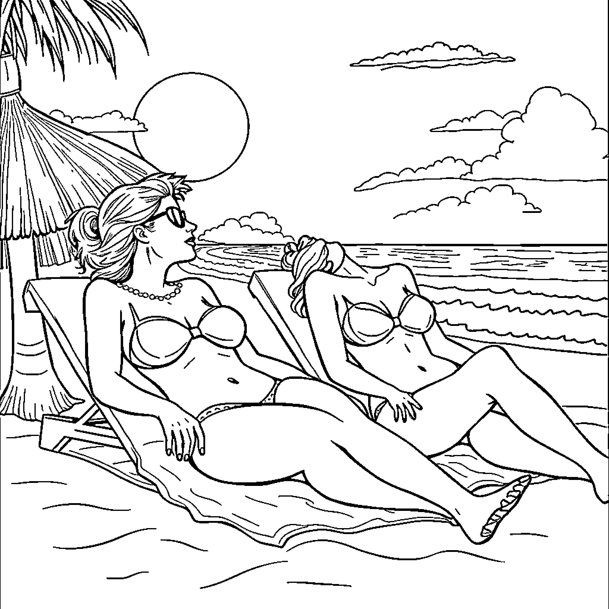 Woman relaxing on the beach under a palm tree Coloring Page (free black-and-white line drawing printable PDF for all, from beginners to advanced learners, including children, teens, adults, and seniors)