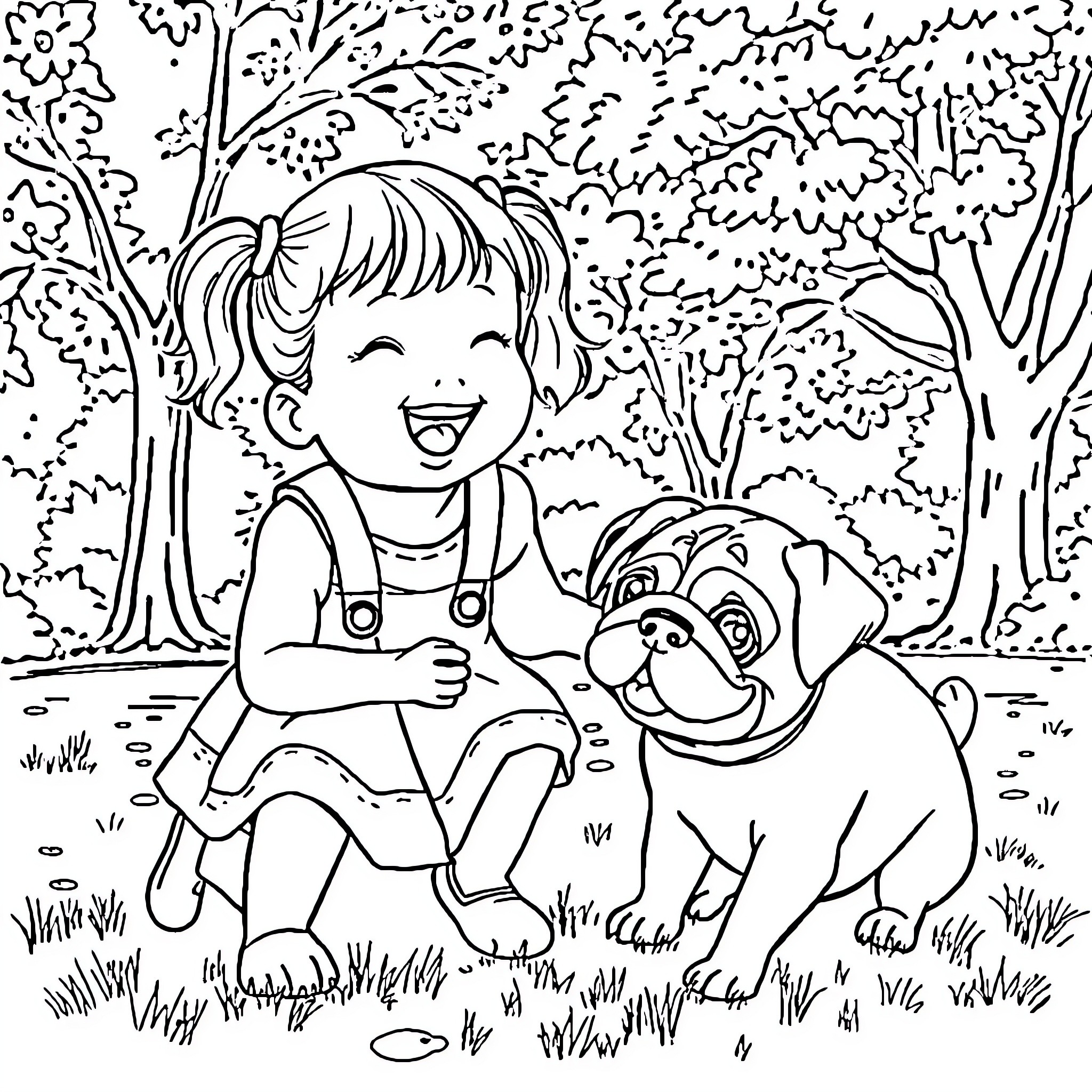 Girl playing happily with her puppy in the park Coloring Page (free black-and-white line drawing printable PDF for all, from beginners to advanced learners, including children, teens, adults, and seniors)