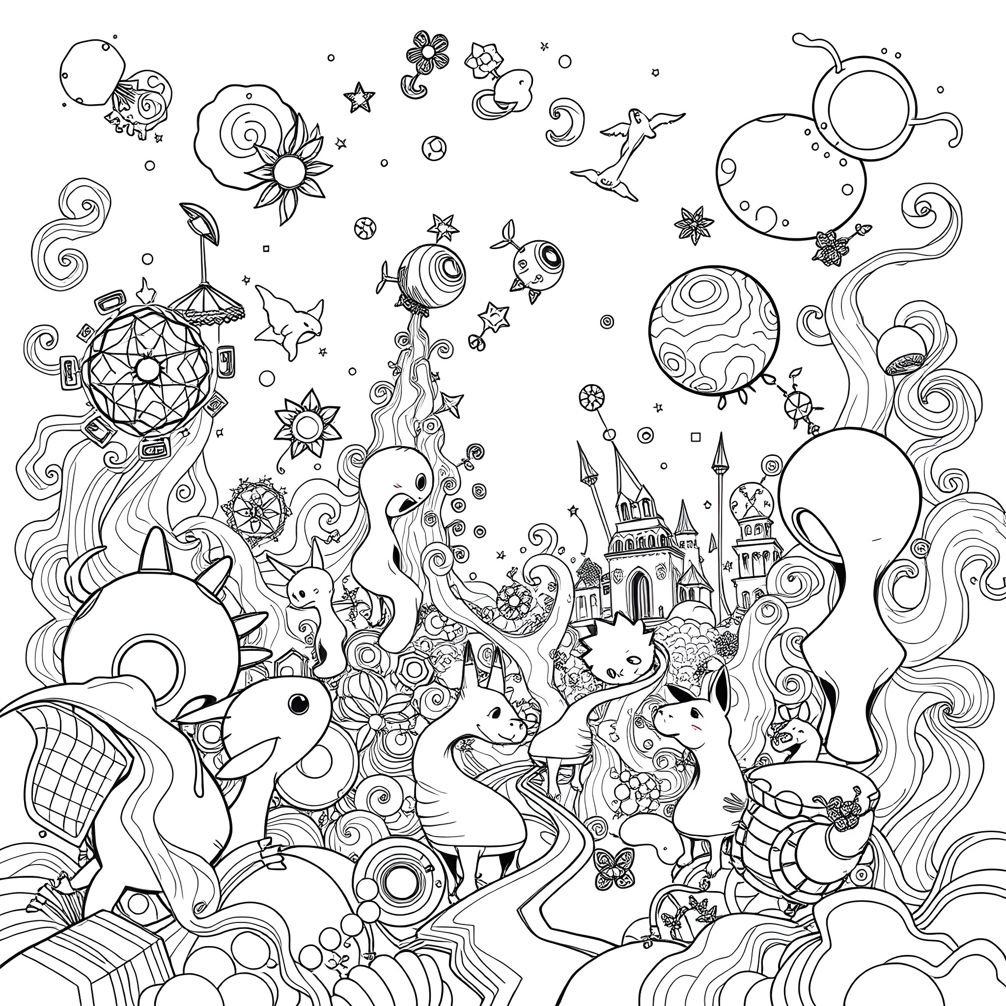 AI Abstract Doodles in Imaginative Wonderland Coloring Page (free black-and-white line drawing printable PDF for all, from beginners to advanced learners, including children, teens, adults, and seniors)