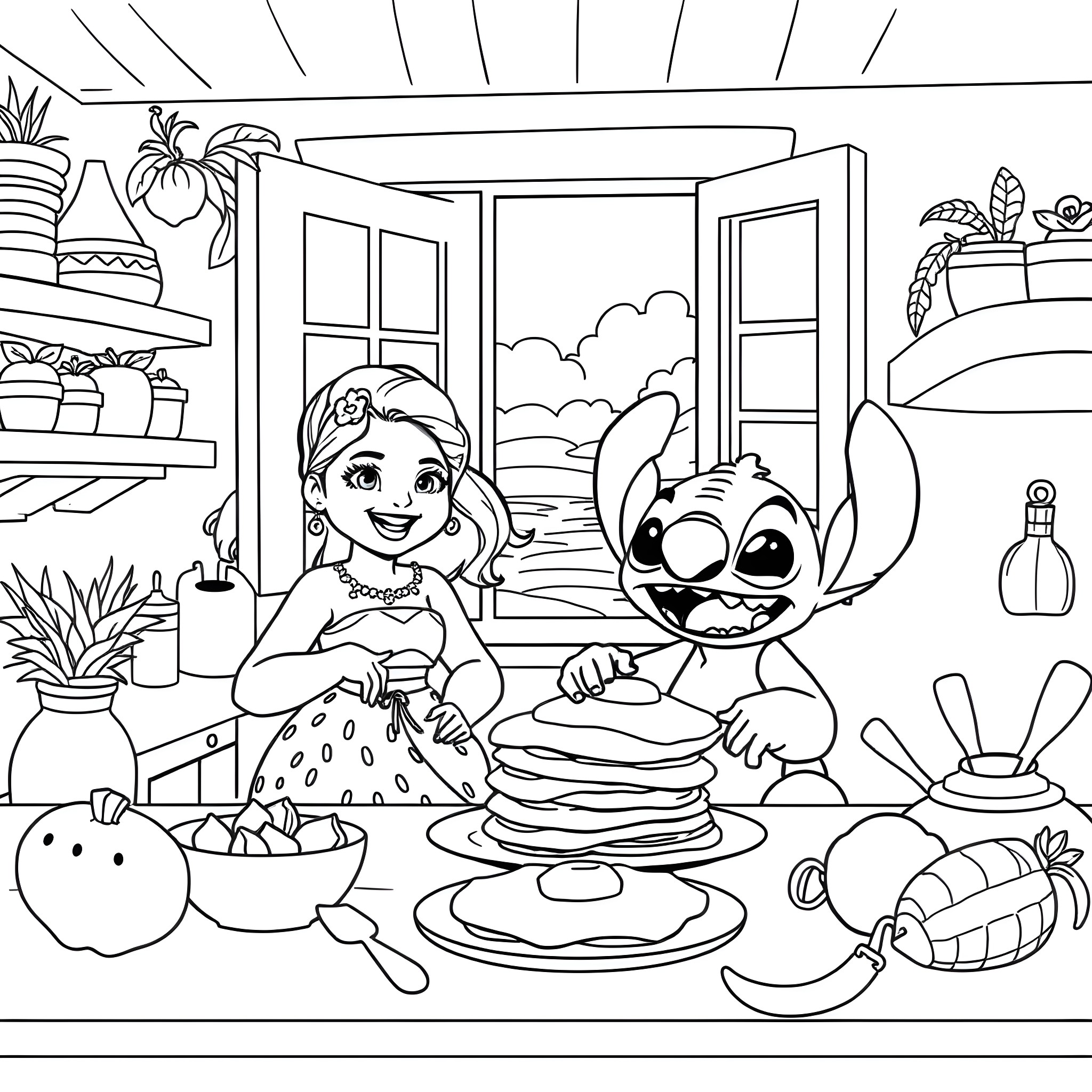 Moana and Stitch enjoying a meal together Coloring Page (free black-and-white line drawing printable PDF for all, from beginners to advanced learners, including children, teens, adults, and seniors)