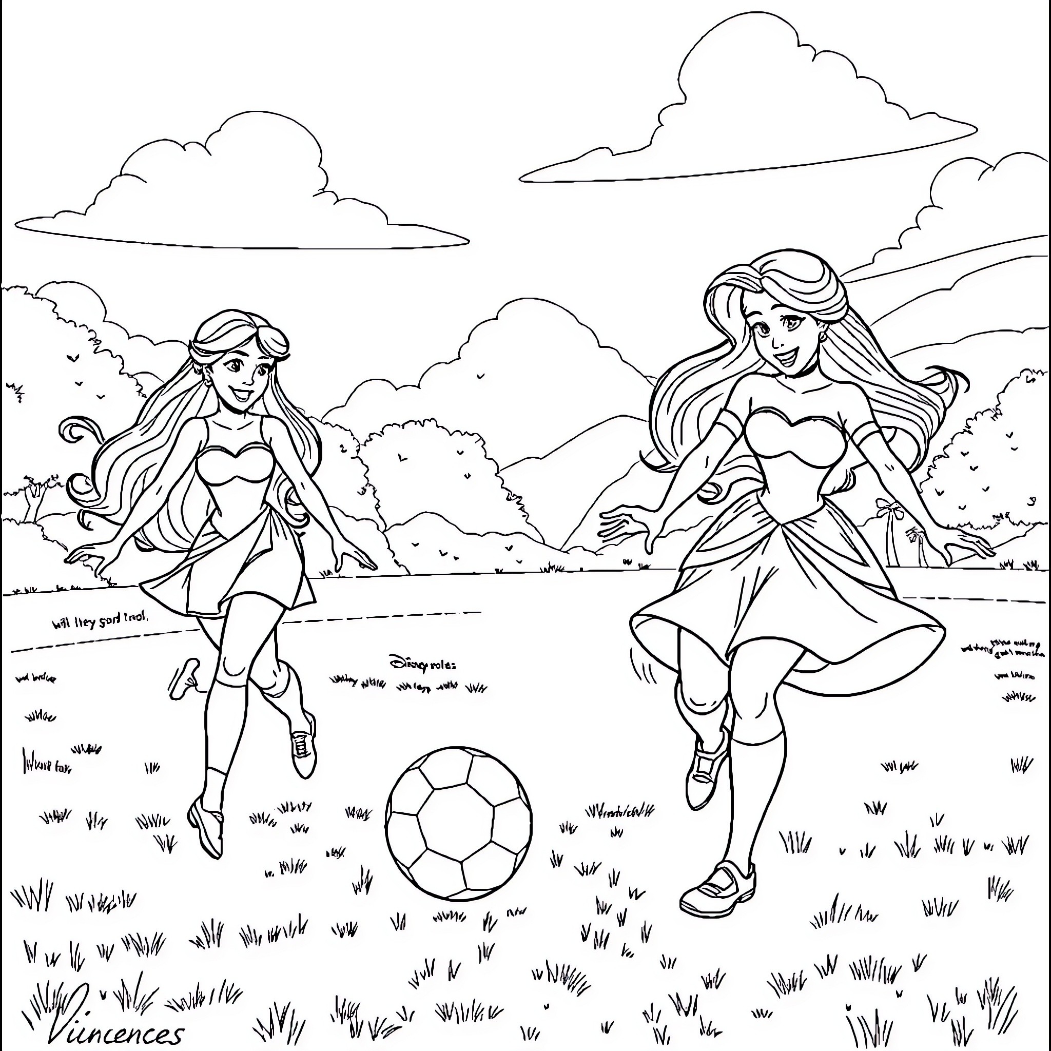 Disney Princesses playing and enjoying outdoor activities Coloring Page (free black-and-white line drawing printable PDF for all, from beginners to advanced learners, including children, teens, adults, and seniors)