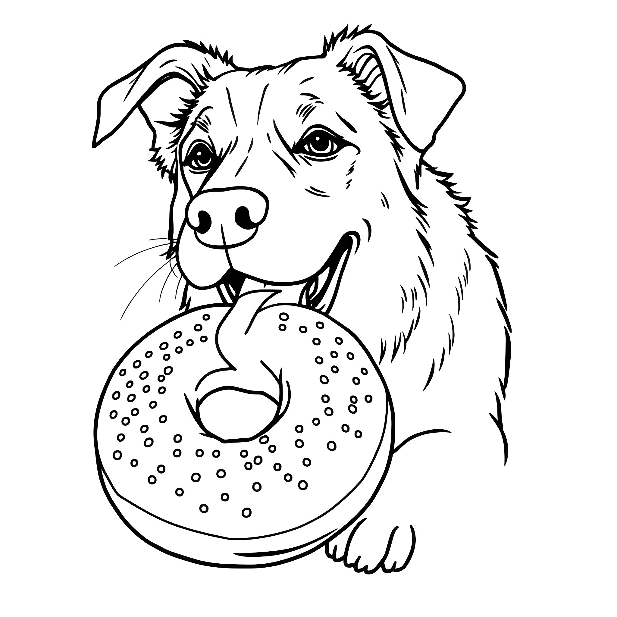 Dog playing with a polka dot donut Coloring Page (free black-and-white line drawing printable PDF for all, from beginners to advanced learners, including children, teens, adults, and seniors)