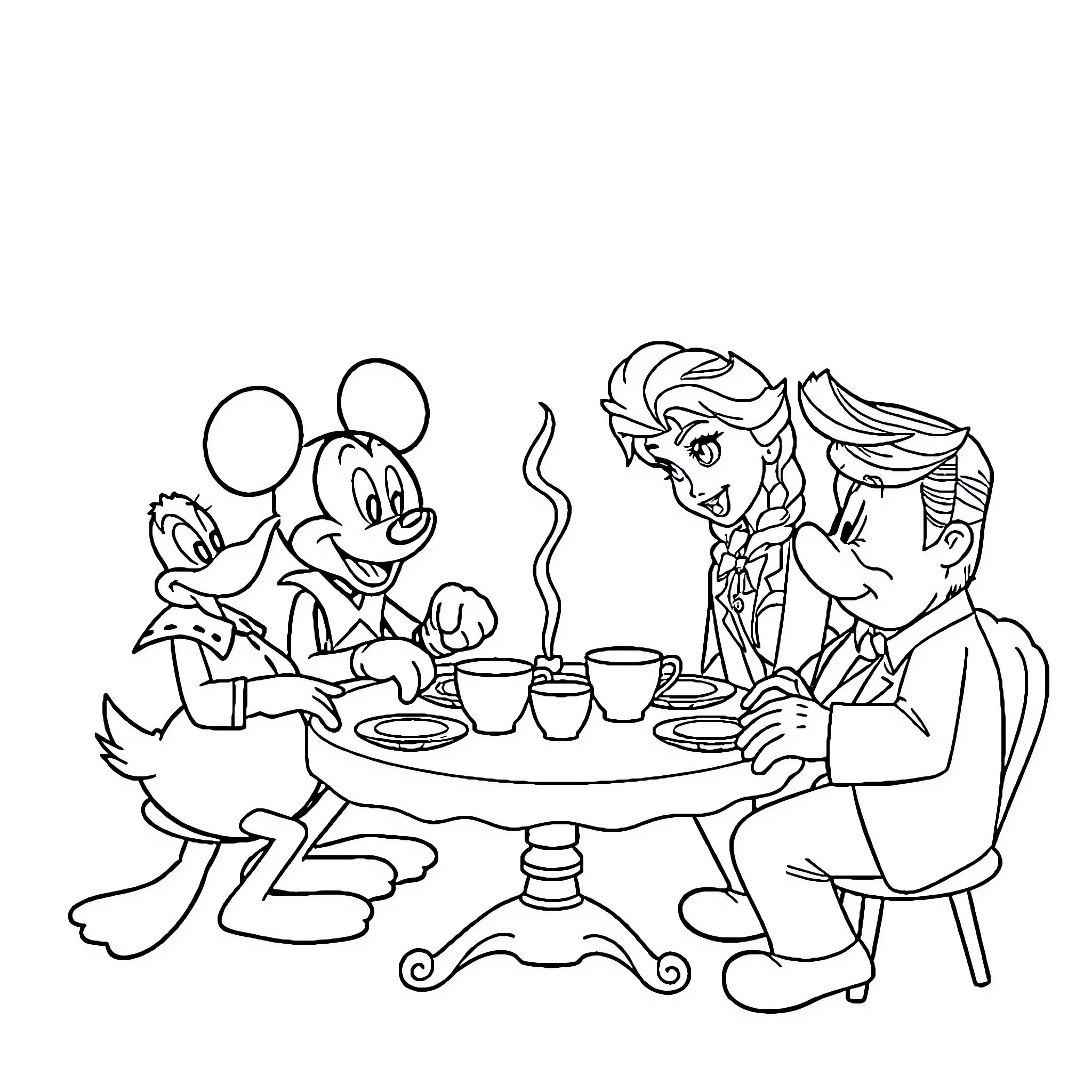 Duck Characters Enjoying Tea Time Coloring Page (free black-and-white line drawing printable PDF for all, from beginners to advanced learners, including children, teens, adults, and seniors)