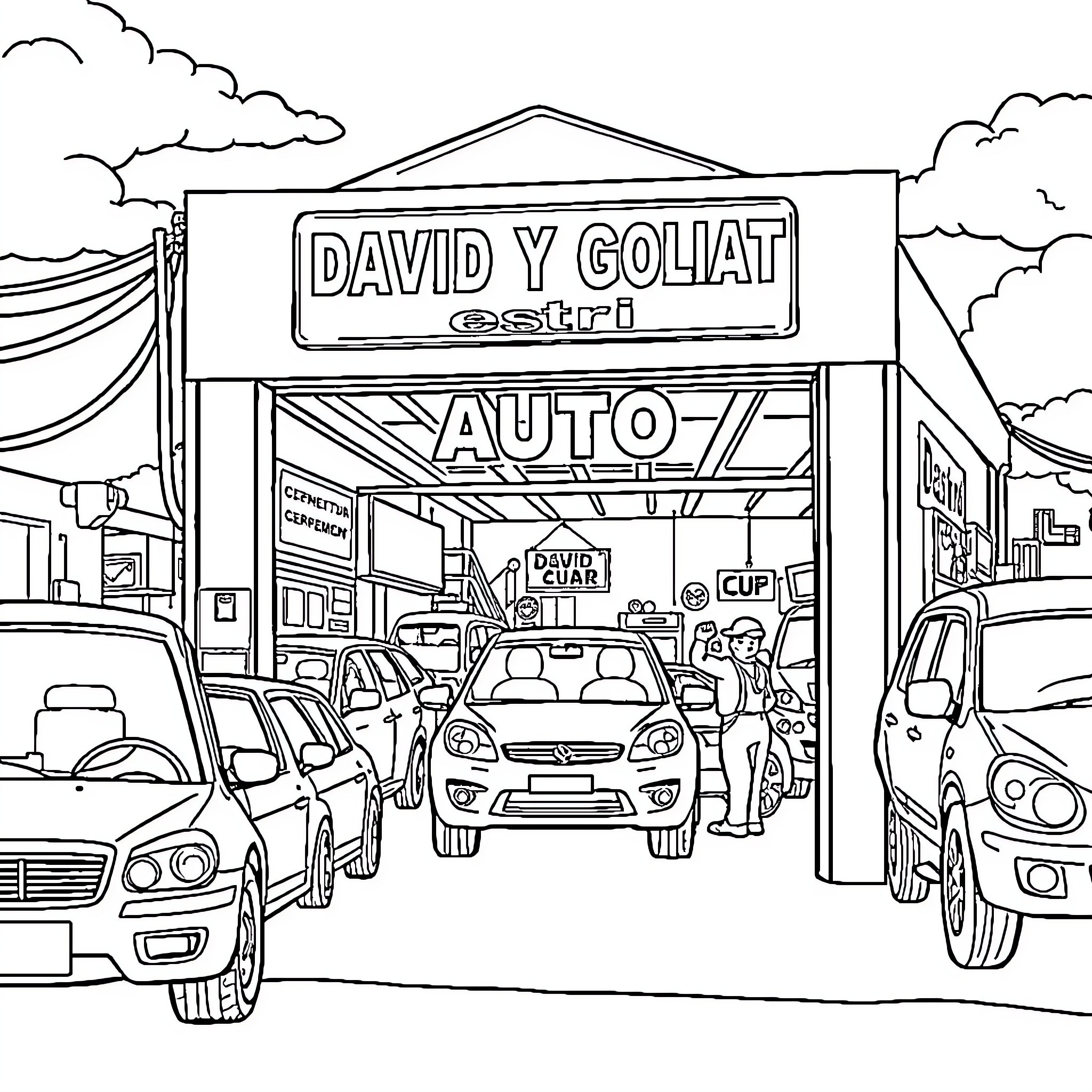 David and Goliath Auto Repair Shop Coloring Page (free black-and-white line drawing printable PDF for all, from beginners to advanced learners, including children, teens, adults, and seniors)