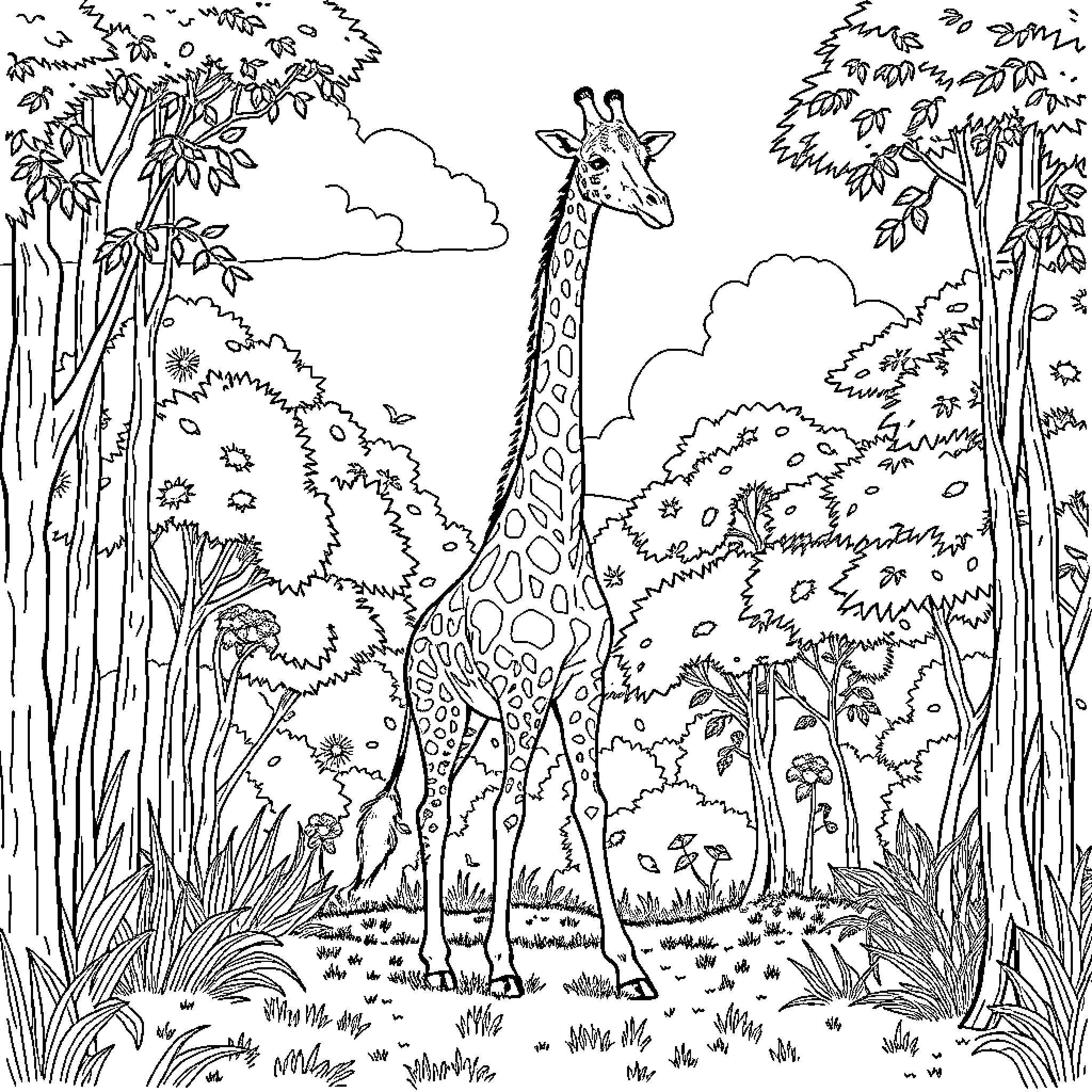Giraffe standing tall in the lush jungle Coloring Page (free black-and-white line drawing printable PDF for all, from beginners to advanced learners, including children, teens, adults, and seniors)