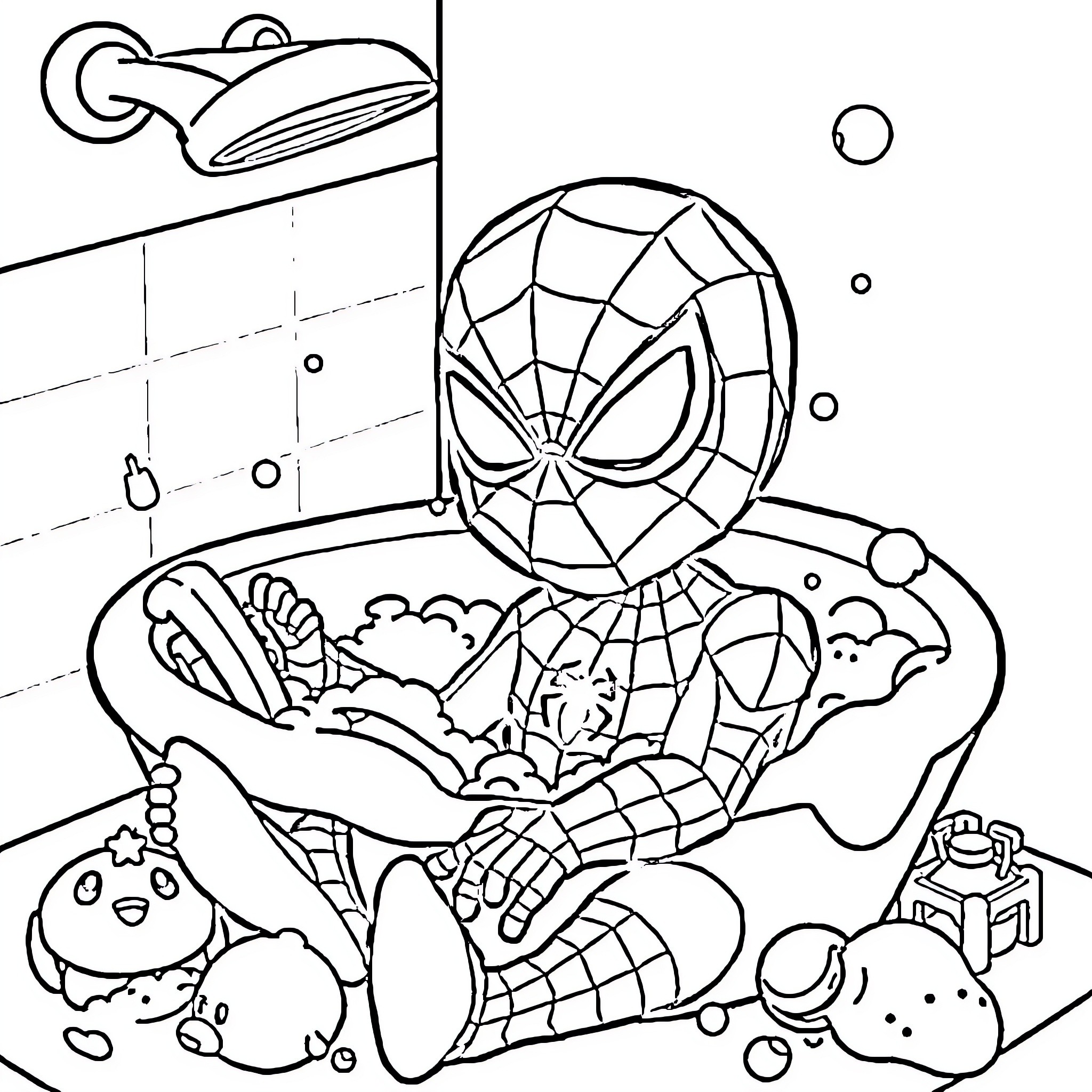 Spiderman taking a bubble bath with bath toys Coloring Page (free black-and-white line drawing printable PDF for all, from beginners to advanced learners, including children, teens, adults, and seniors)