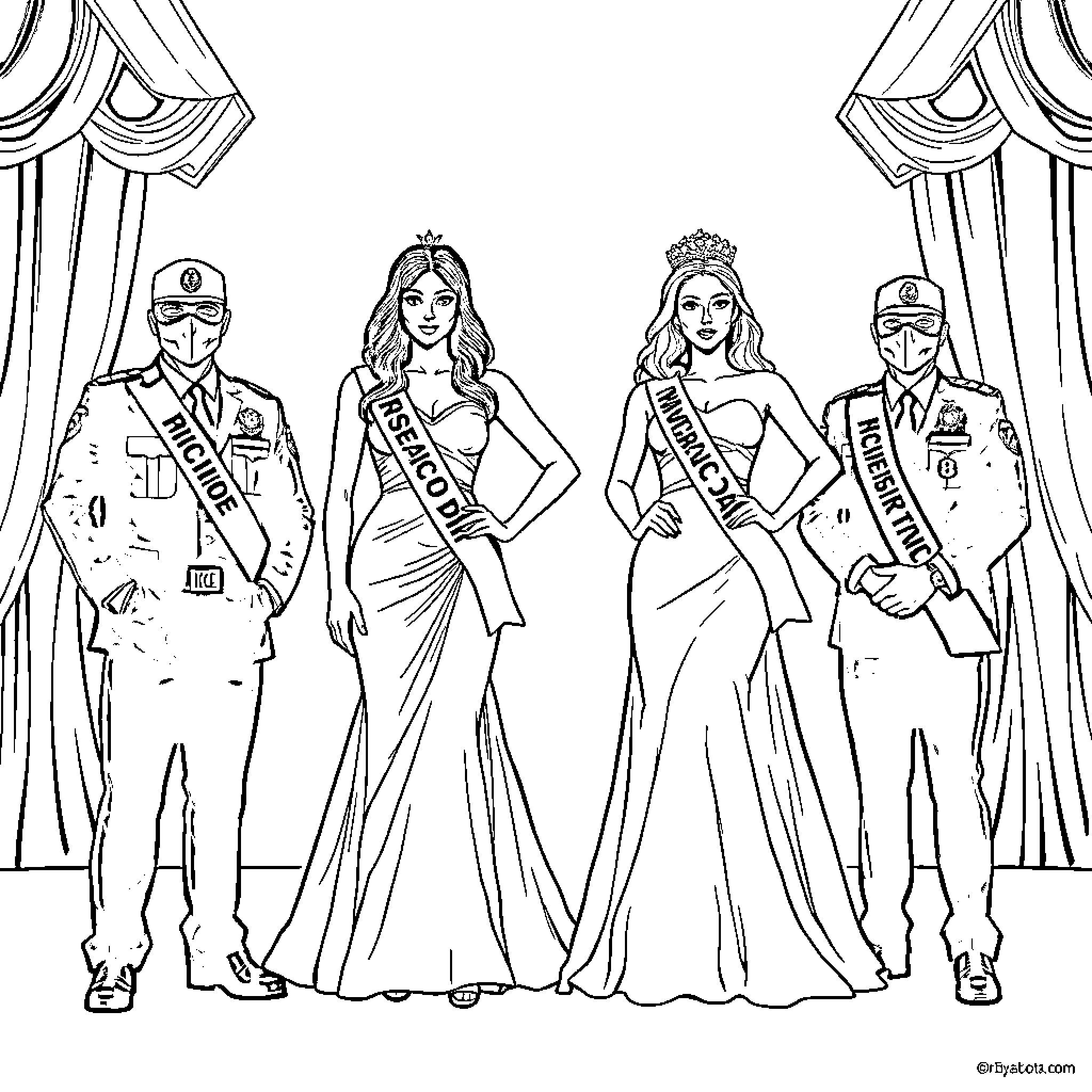 Agent Pageant Contestants Showcase Formal Attire Coloring Page (free black-and-white line drawing printable PDF for all, from beginners to advanced learners, including children, teens, adults, and seniors)
