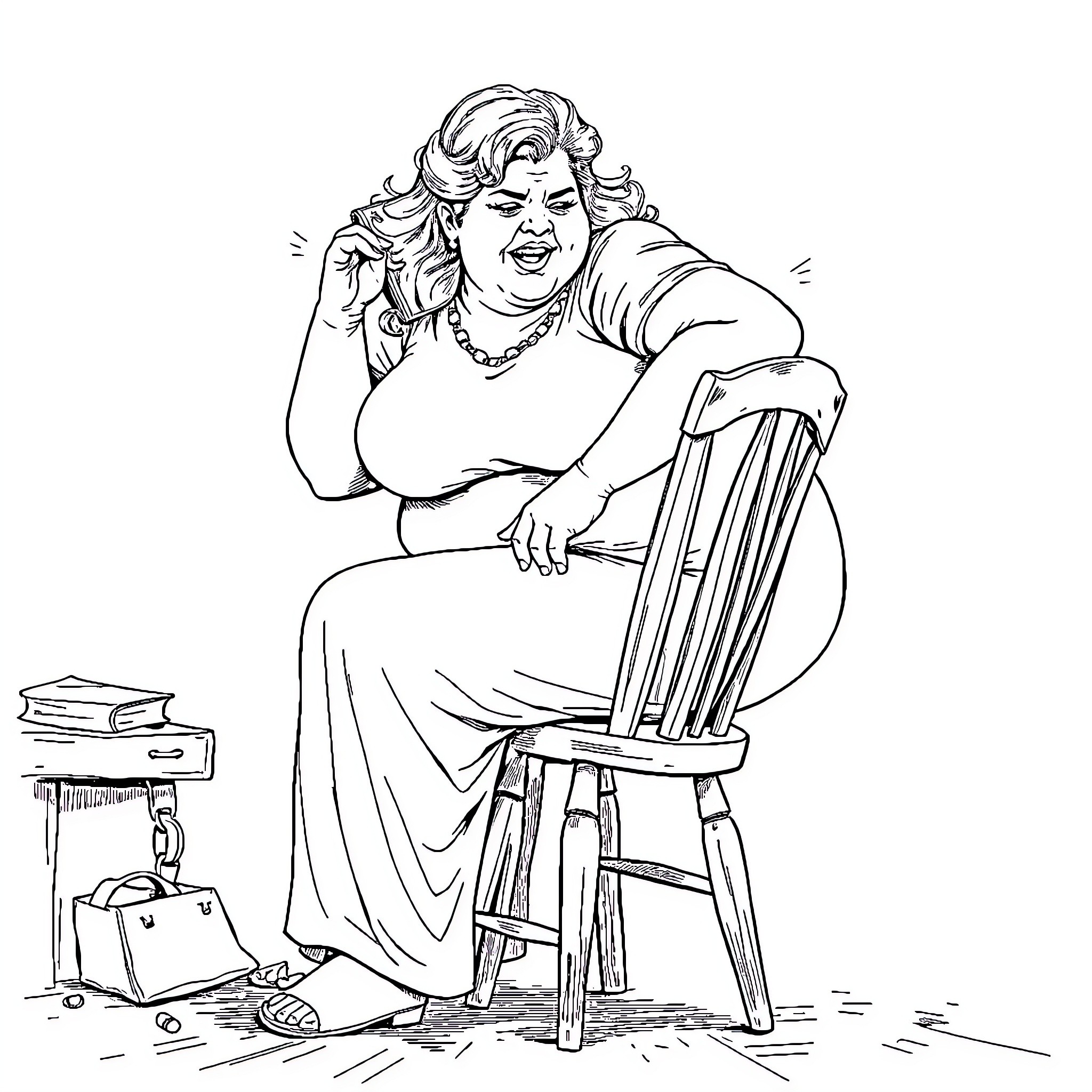 Woman laughing cheerfully in her chair Coloring Page (free black-and-white line drawing printable PDF for all, from beginners to advanced learners, including children, teens, adults, and seniors)