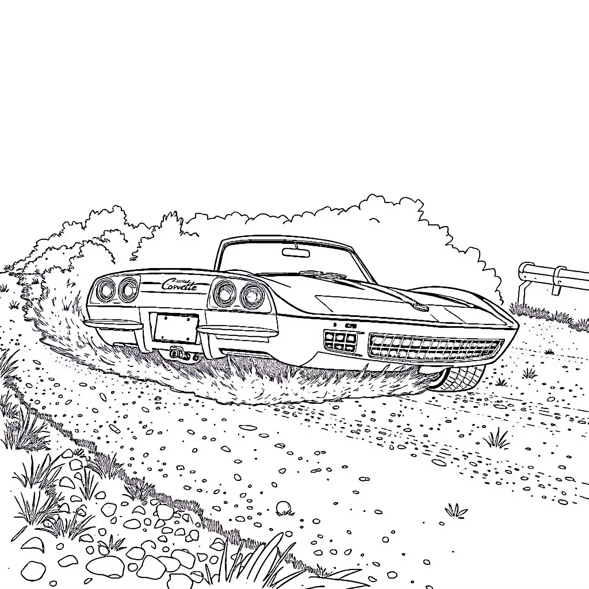 Corvette in a scenic outdoor setting Coloring Page (free black-and-white line drawing printable PDF for all, from beginners to advanced learners, including children, teens, adults, and seniors)