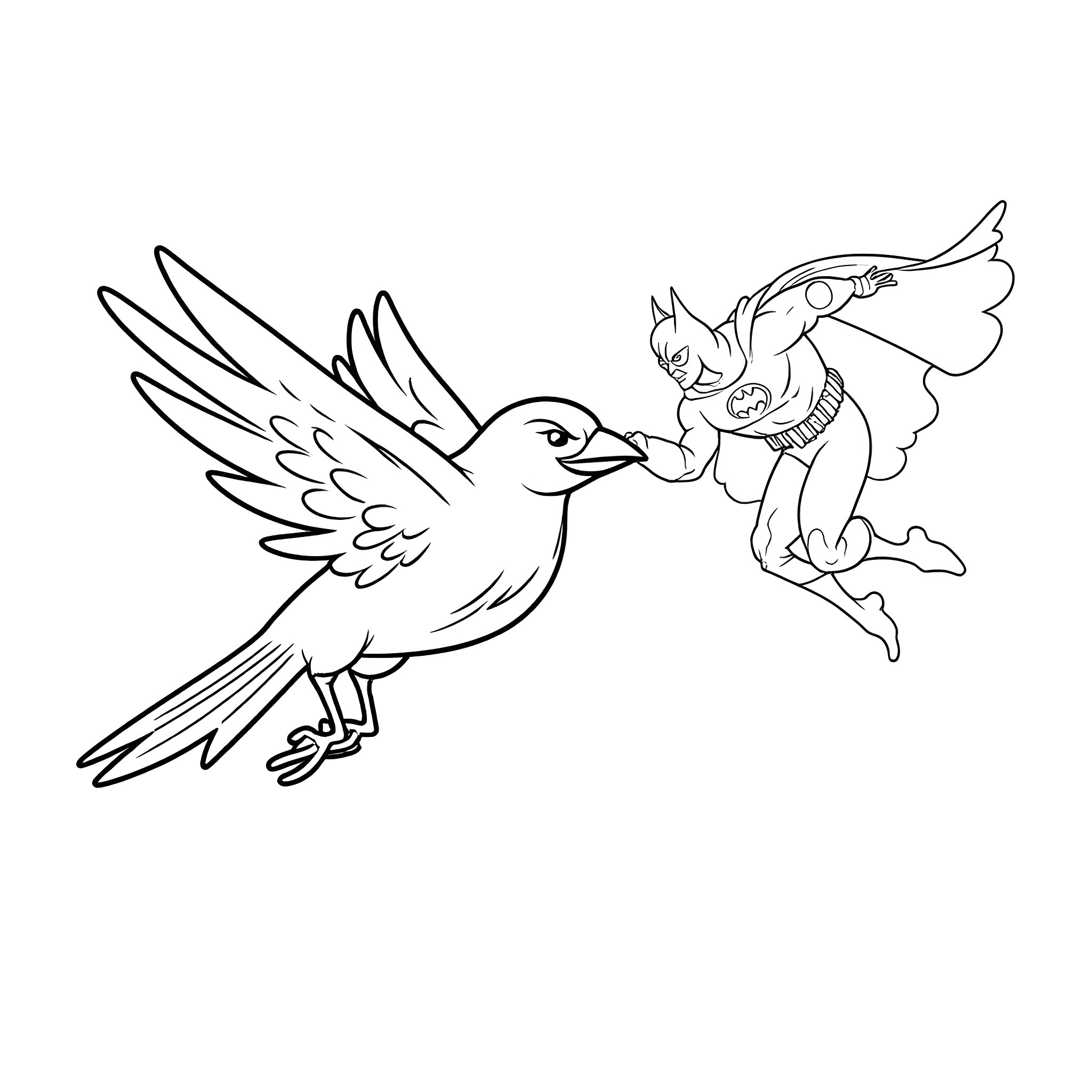 Bird chasing character with spread wings Coloring Page (free black-and-white line drawing printable PDF for all, from beginners to advanced learners, including children, teens, adults, and seniors)