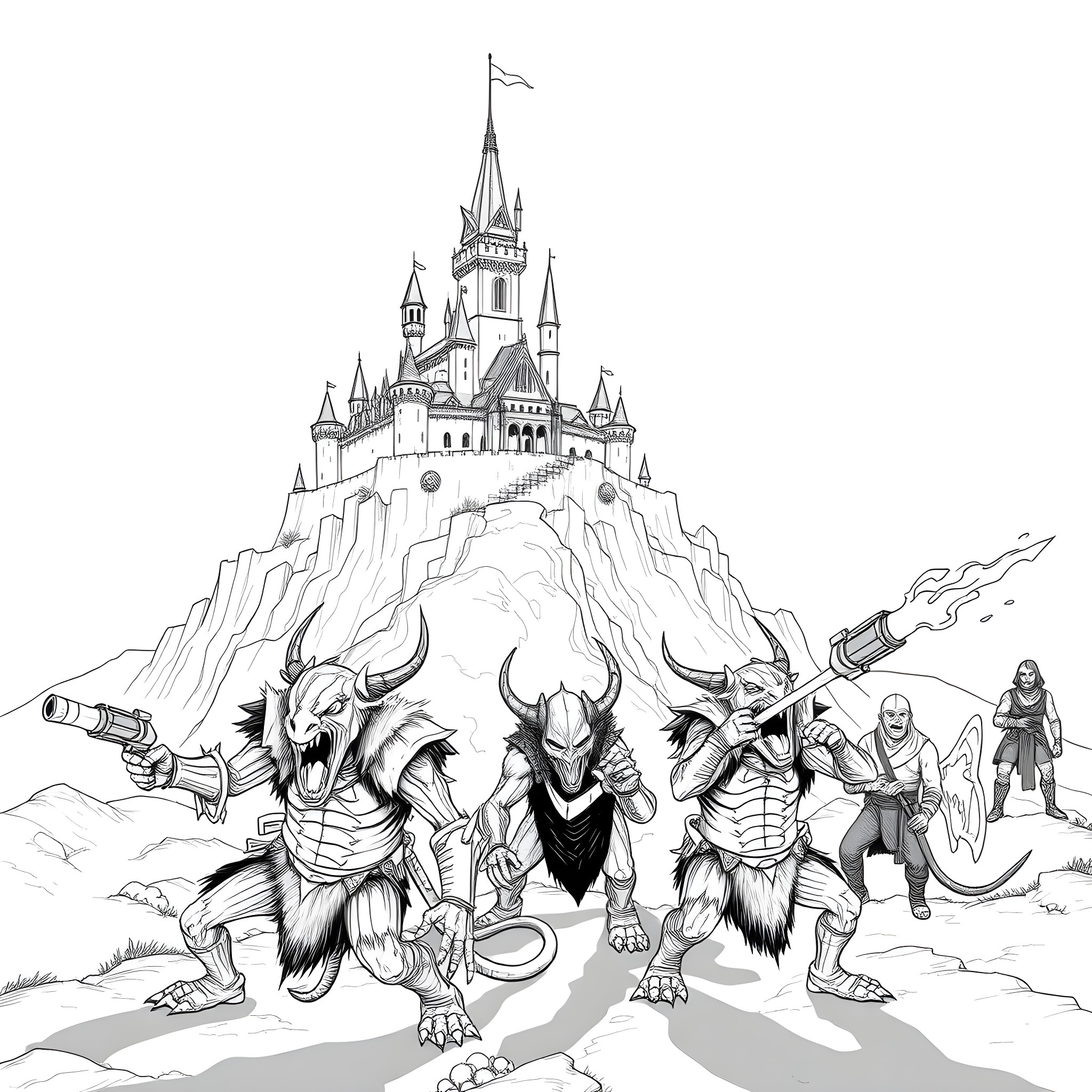 Castle with Heroic Defenders and Mythical Creatures Coloring Page (free black-and-white line drawing printable PDF for all, from beginners to advanced learners, including children, teens, adults, and seniors)