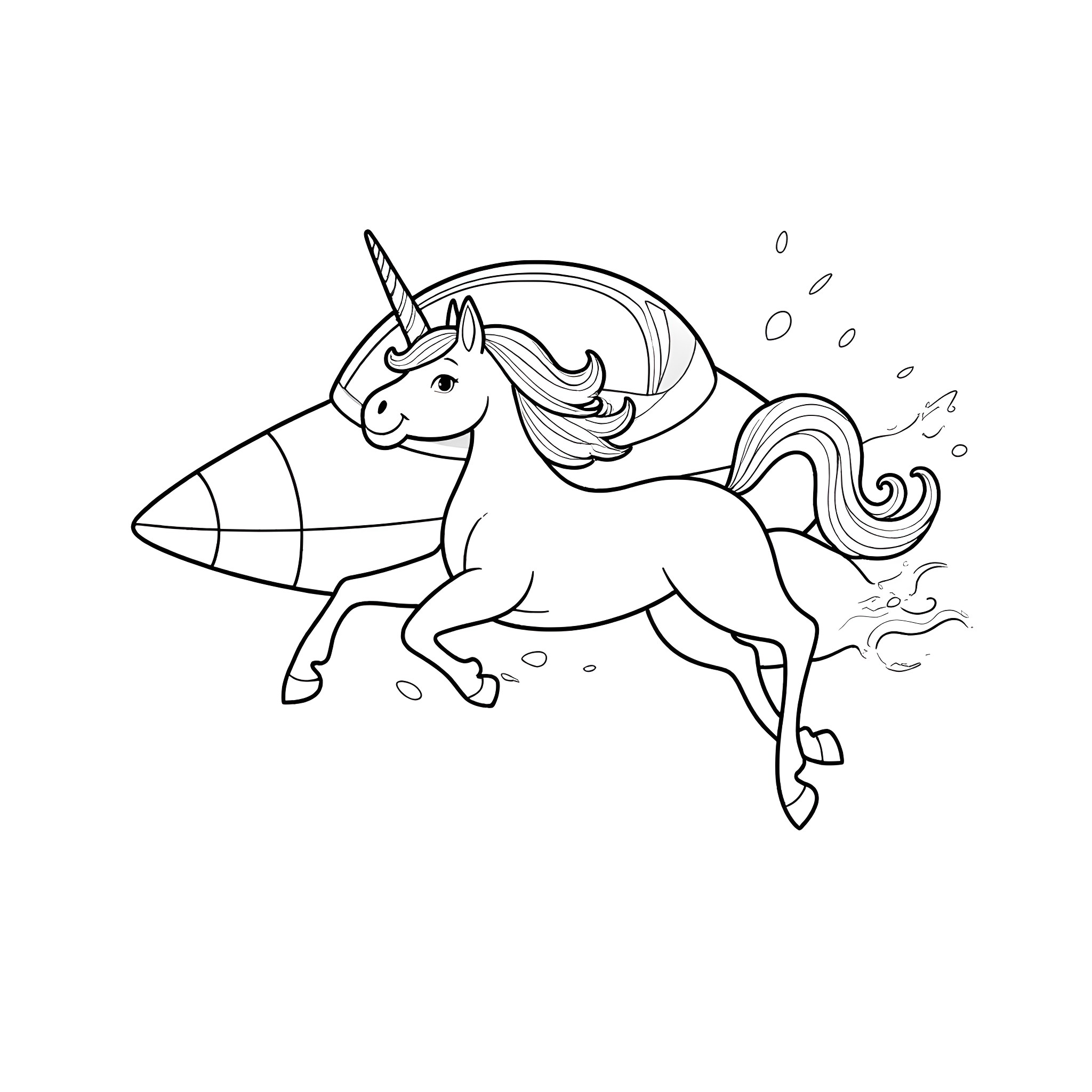 Unicorn Galloping Through Magical Bubbles Coloring Page (free black-and-white line drawing printable PDF for all, from beginners to advanced learners, including children, teens, adults, and seniors)