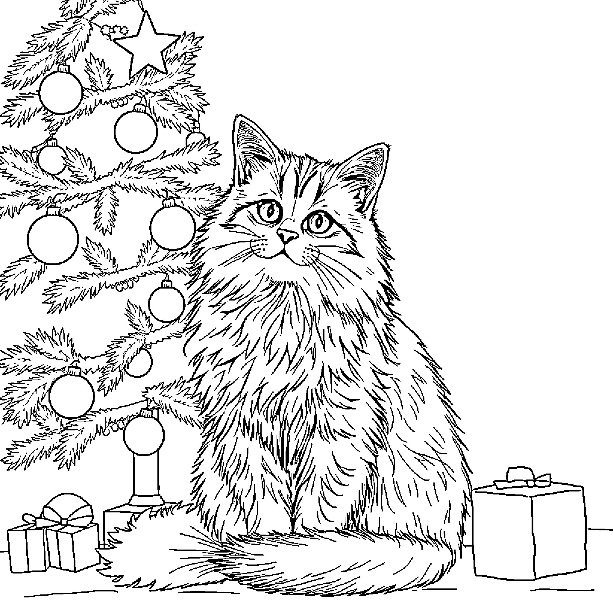Cat sitting near decorated Christmas tree Coloring Page (free black-and-white line drawing printable PDF for all, from beginners to advanced learners, including children, teens, adults, and seniors)