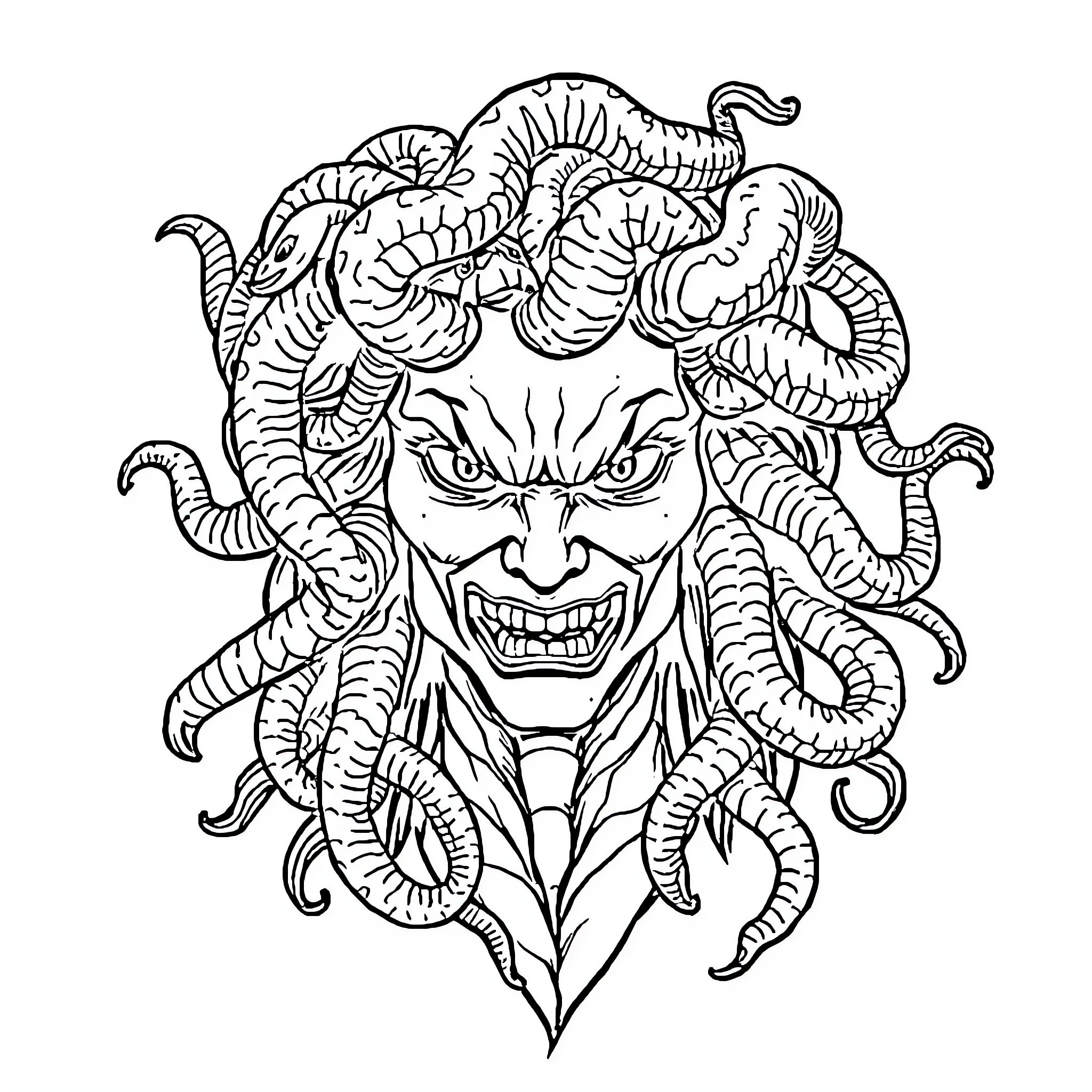 Medusa's Monstrous Visage Coloring Page (free black-and-white line drawing printable PDF for all, from beginners to advanced learners, including children, teens, adults, and seniors)