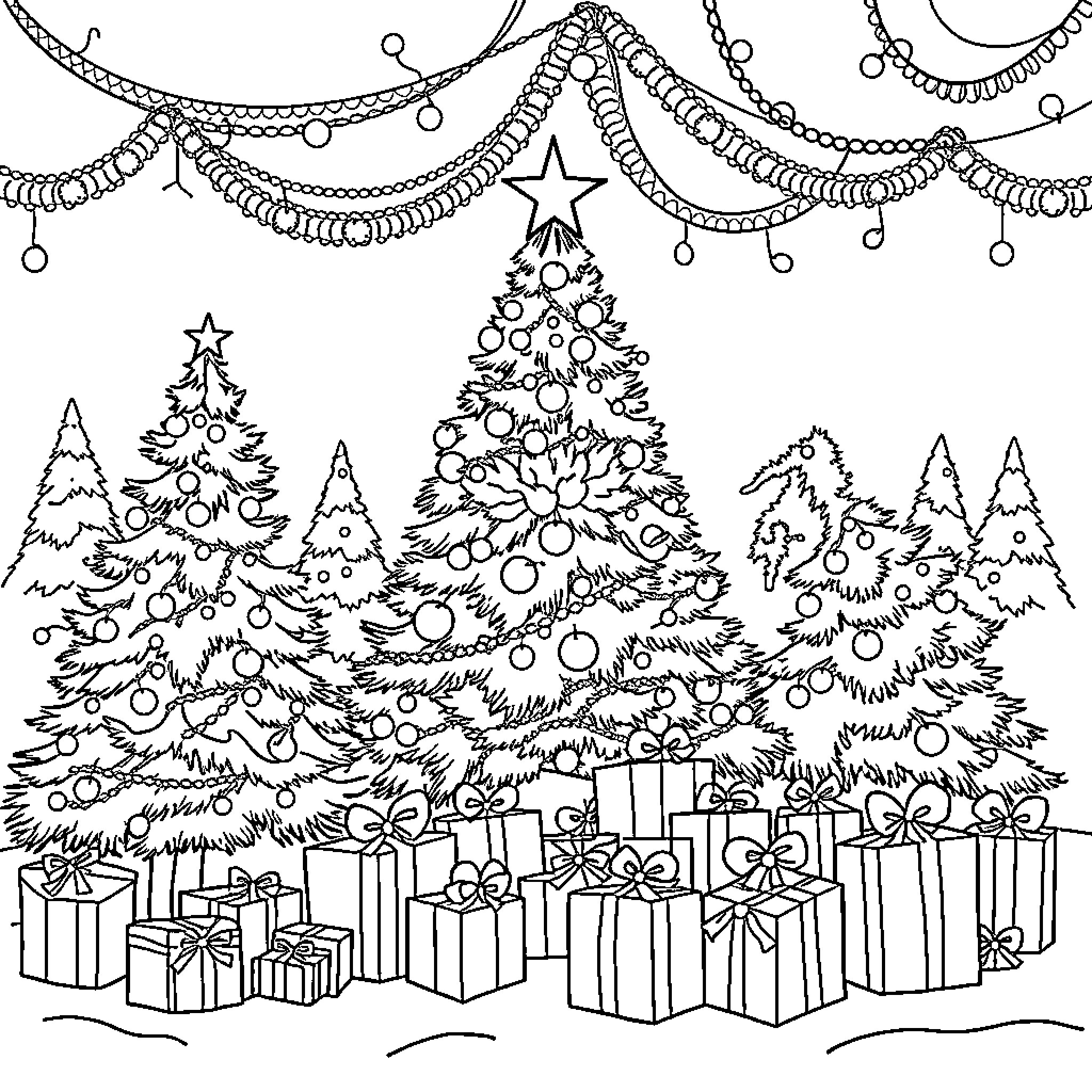 Christmas Scene with Decorated Trees and Gifts Coloring Page (free black-and-white line drawing printable PDF for all, from beginners to advanced learners, including children, teens, adults, and seniors)