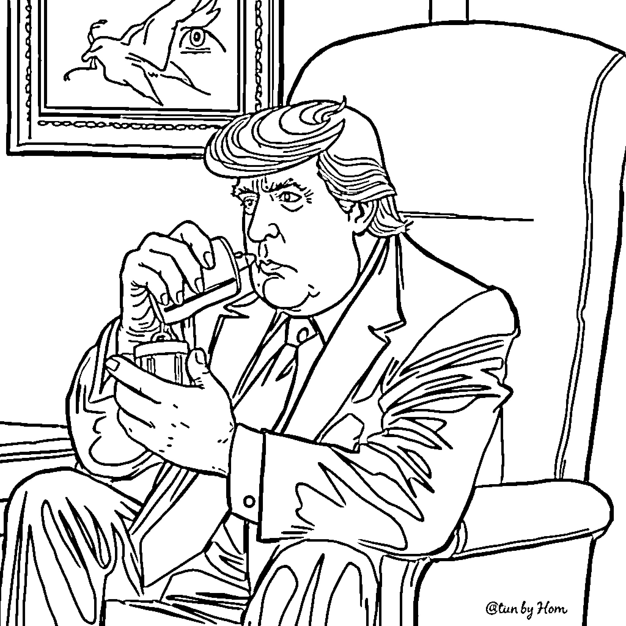 Donald Trump sitting in a chair, appearing thoughtful Coloring Page (free black-and-white line drawing printable PDF for all, from beginners to advanced learners, including children, teens, adults, and seniors)