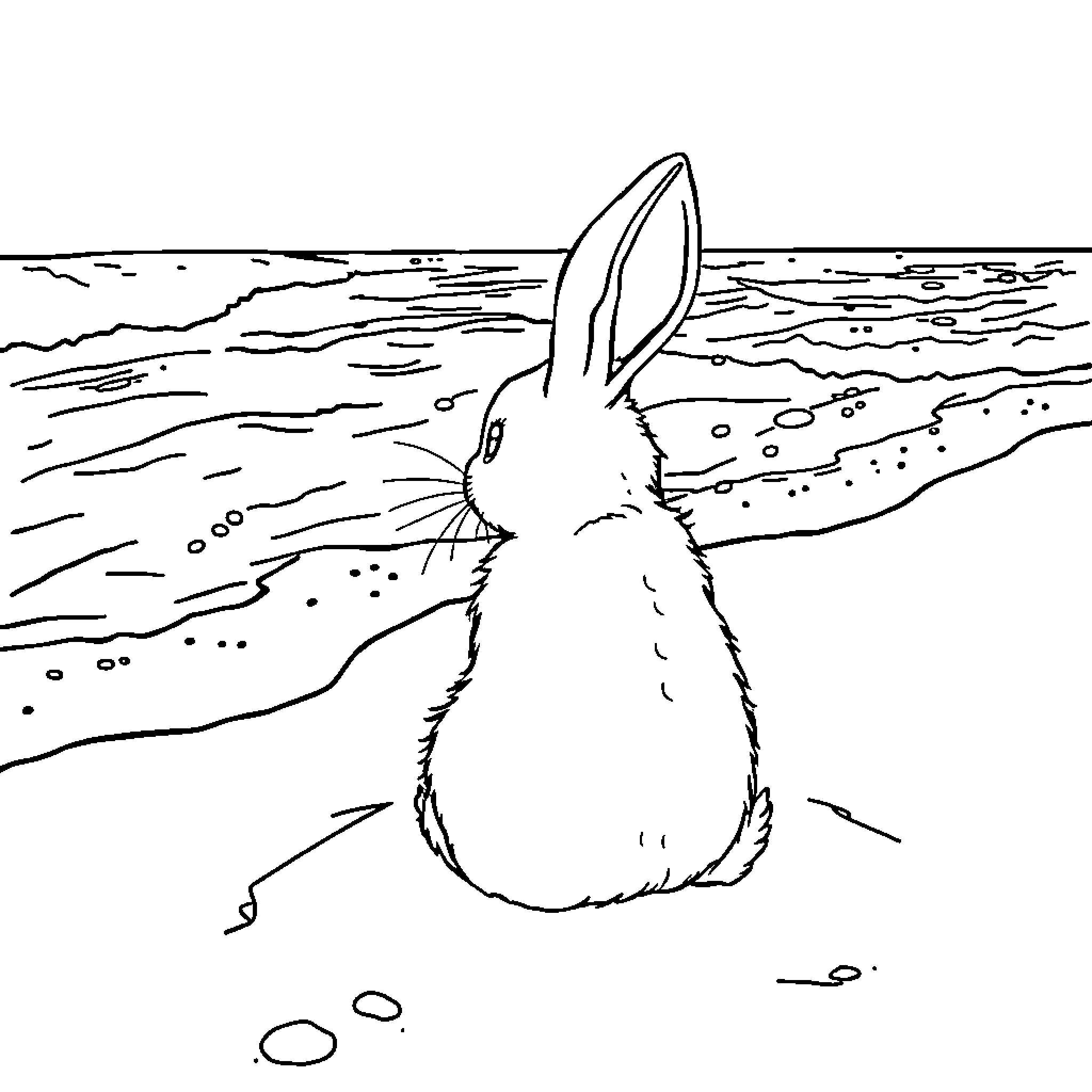 Bunny gazing out at the ocean Coloring Page (free black-and-white line drawing printable PDF for all, from beginners to advanced learners, including children, teens, adults, and seniors)