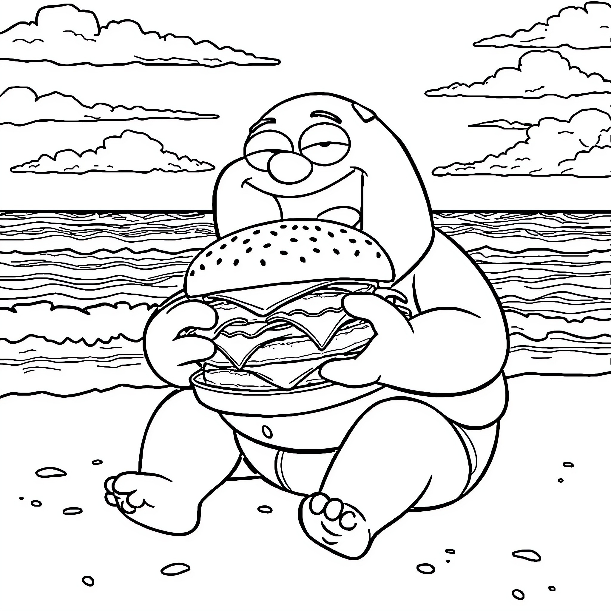 Peter Griffin Enjoying a Tasty Burger by the Seaside Coloring Page (free black-and-white line drawing printable PDF for all, from beginners to advanced learners, including children, teens, adults, and seniors)