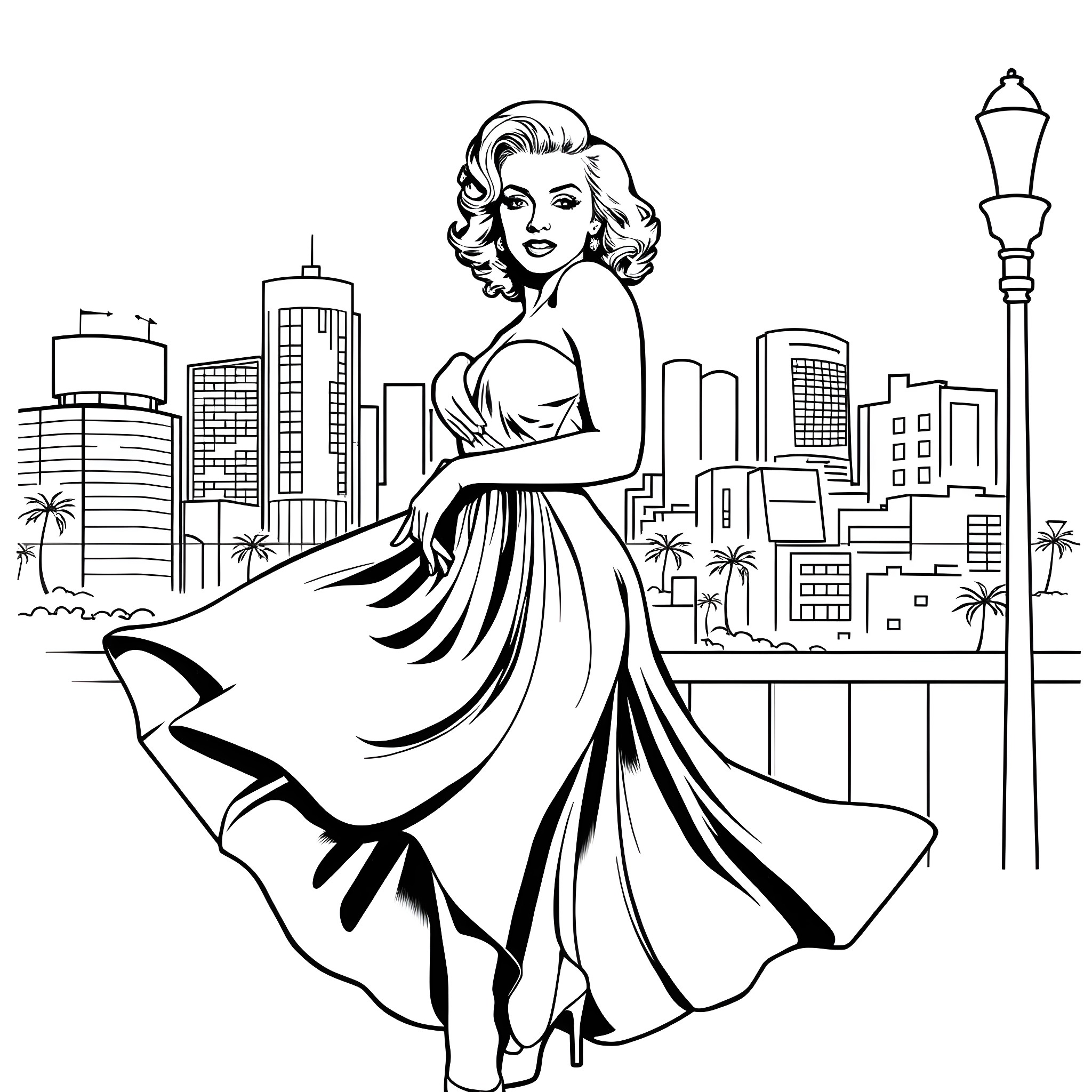 Marilyn Monroe in a Stylish Dress Overlooking the City Coloring Page (free black-and-white line drawing printable PDF for all, from beginners to advanced learners, including children, teens, adults, and seniors)