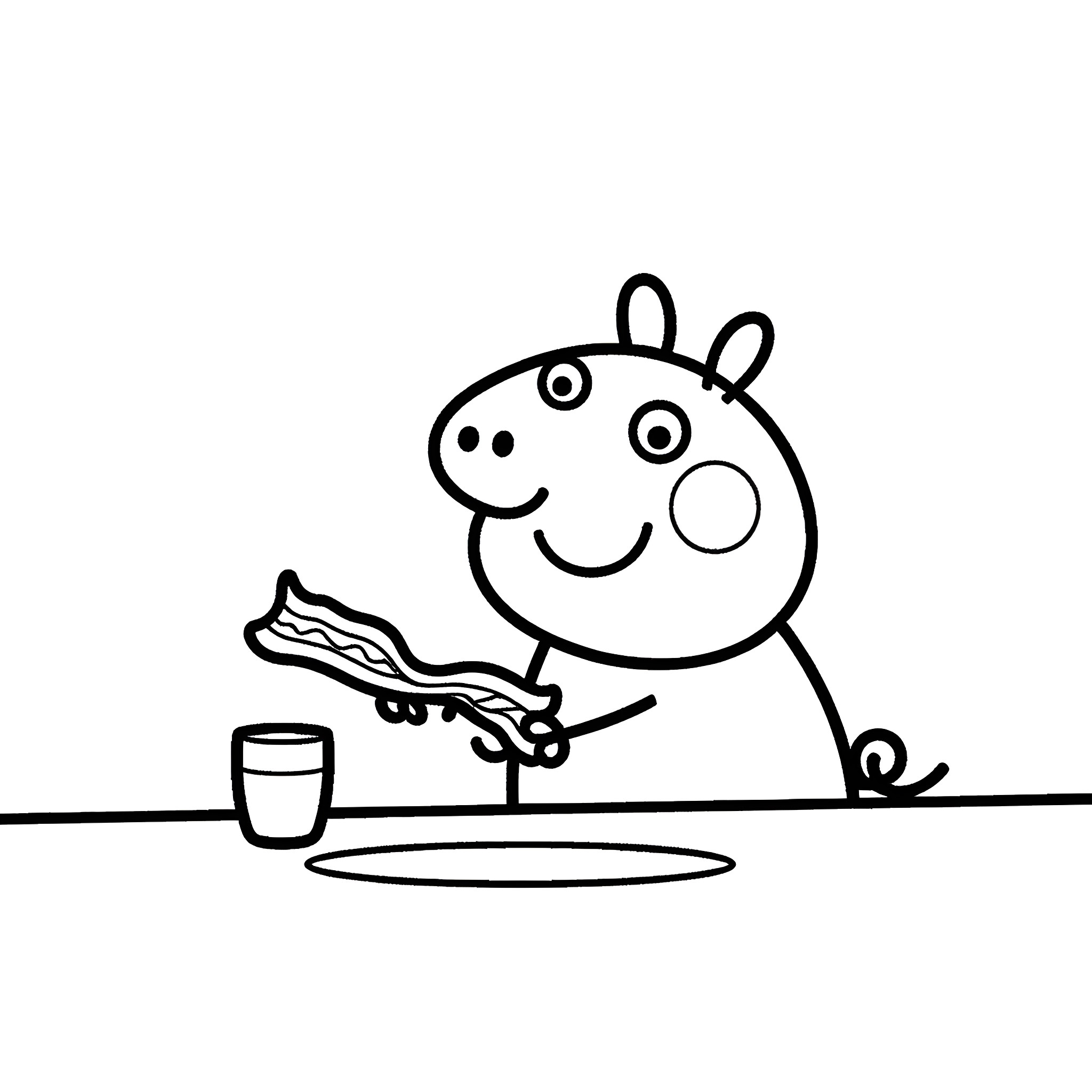 Peppa Pig preparing breakfast with smiling expression Coloring Page (free black-and-white line drawing printable PDF for all, from beginners to advanced learners, including children, teens, adults, and seniors)