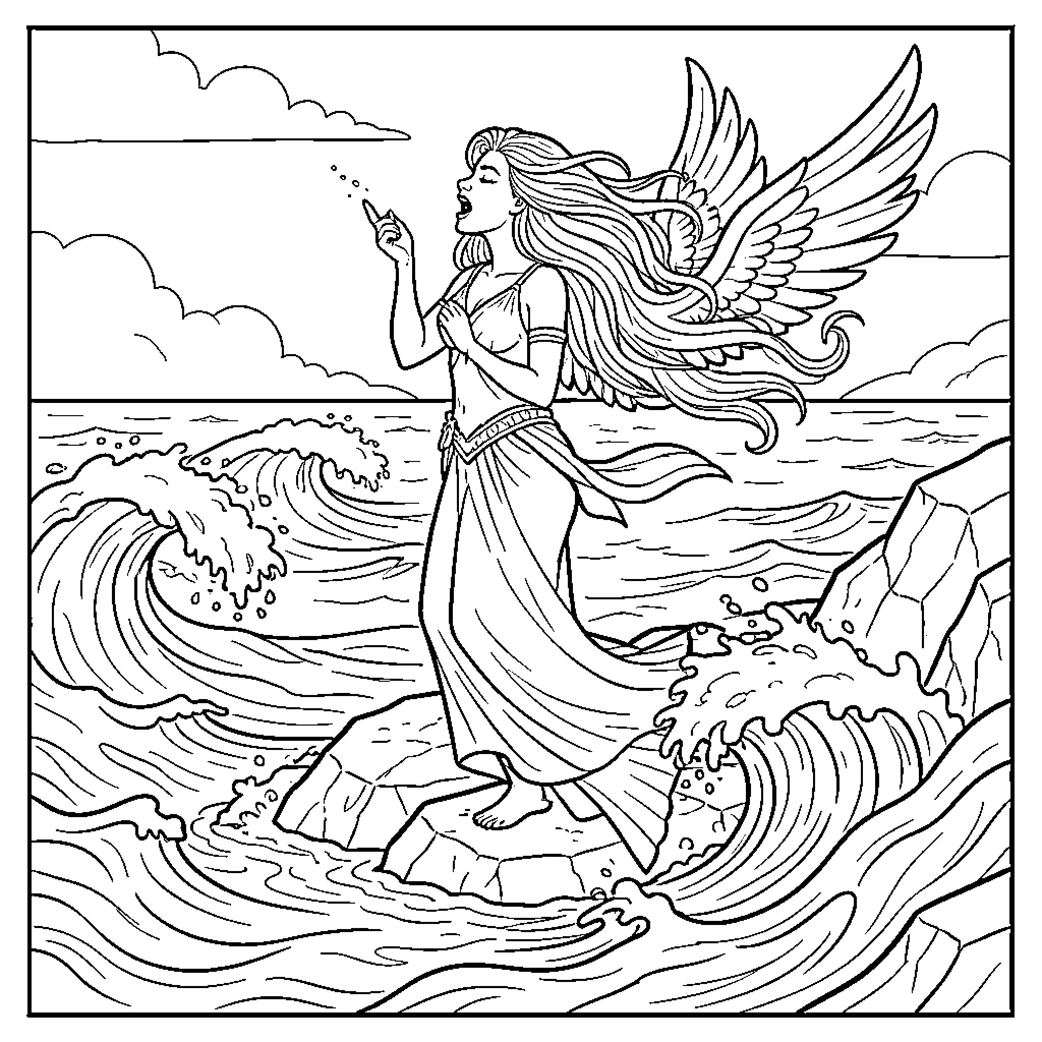Siren singing while standing on rocks by the ocean Coloring Page (free black-and-white line drawing printable PDF for all, from beginners to advanced learners, including children, teens, adults, and seniors)