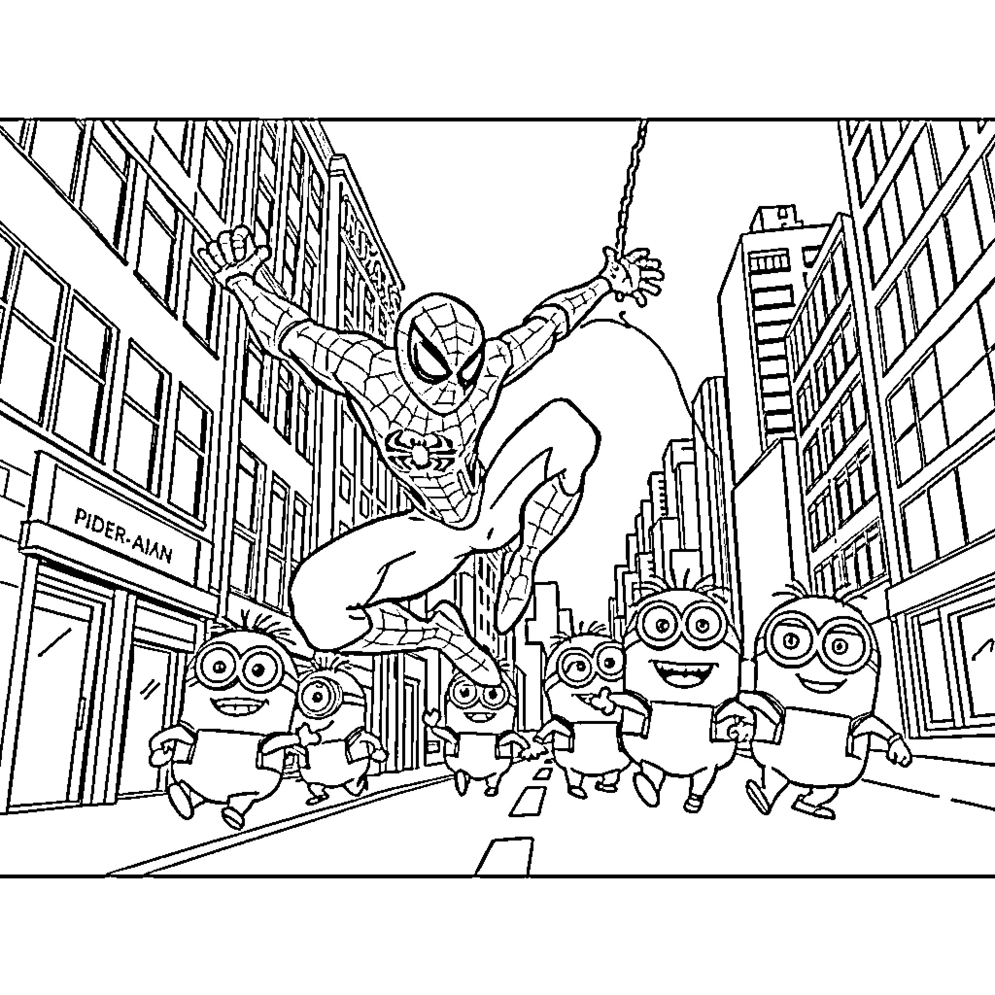 Spiderman swinging through the city with minions Coloring Page (free black-and-white line drawing printable PDF for all, from beginners to advanced learners, including children, teens, adults, and seniors)
