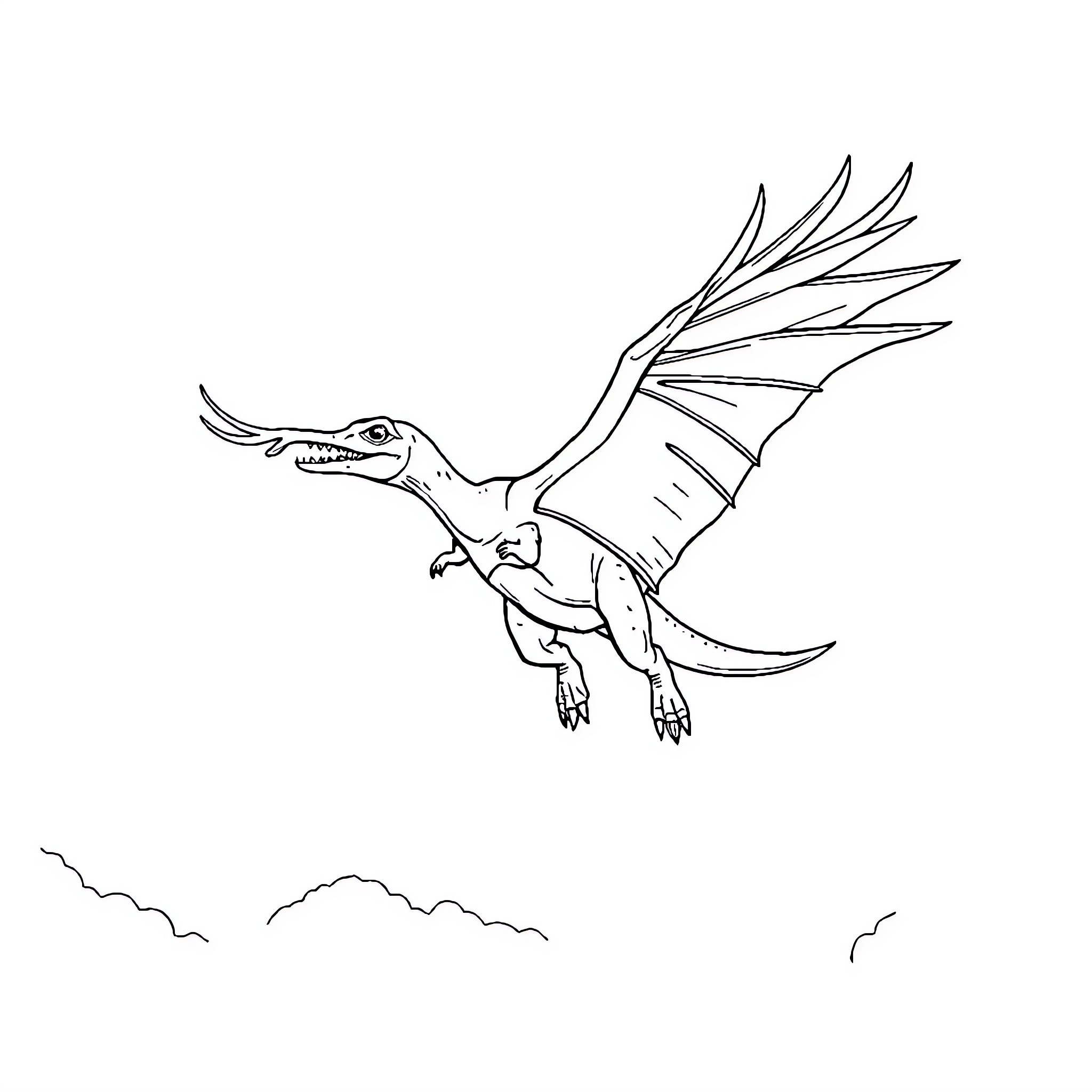 Dinosaur soaring through the skies Coloring Page (free black-and-white line drawing printable PDF for all, from beginners to advanced learners, including children, teens, adults, and seniors)