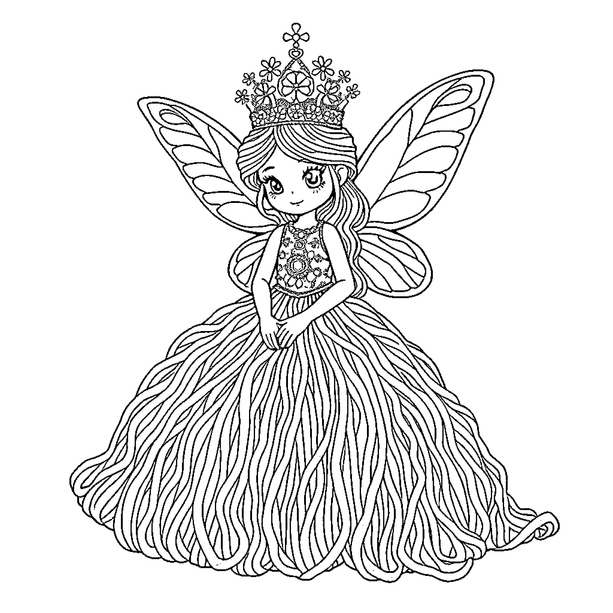 Yarn Queen's Magical Fairy Dress Coloring Page (free black-and-white line drawing printable PDF for all, from beginners to advanced learners, including children, teens, adults, and seniors)