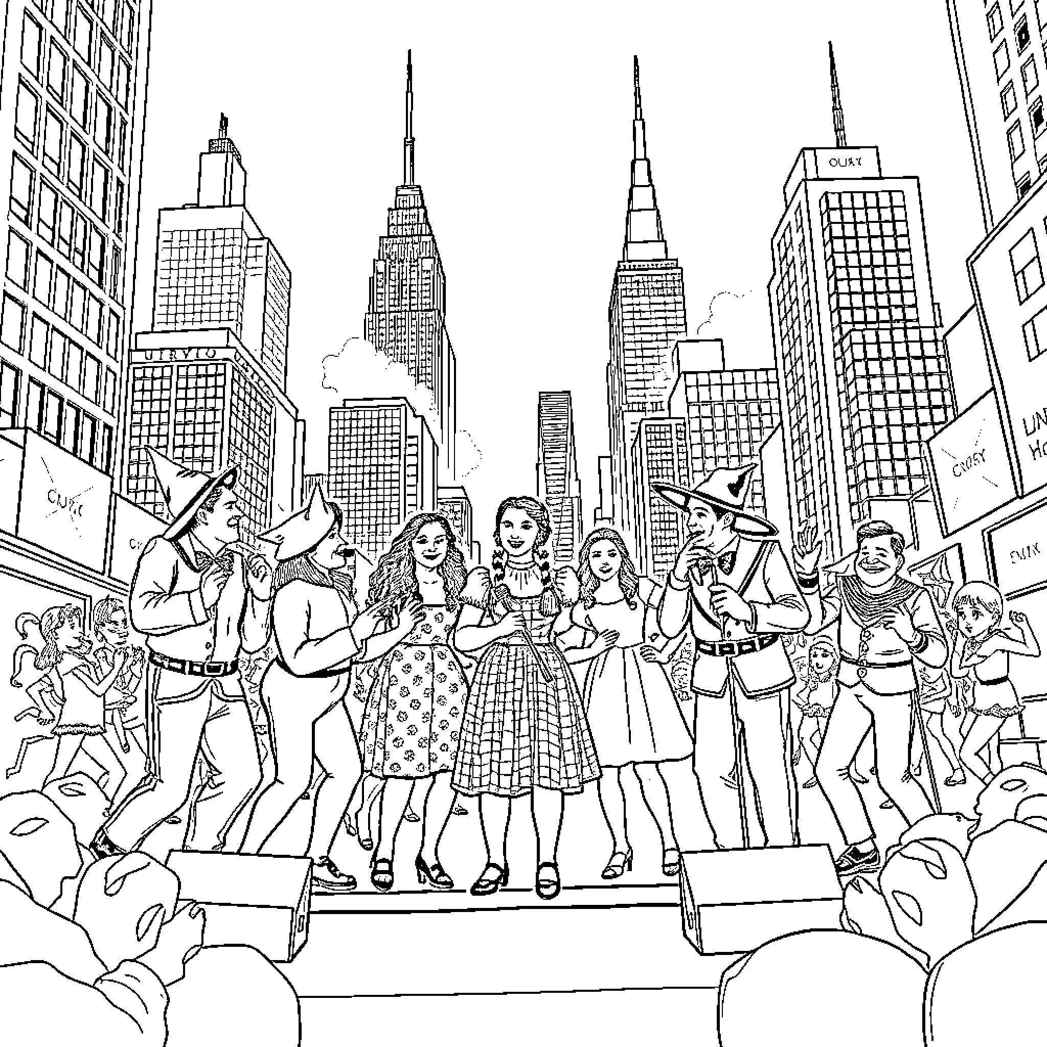 Wizard of Oz characters in a crowded New York City scene Coloring Page (free black-and-white line drawing printable PDF for all, from beginners to advanced learners, including children, teens, adults, and seniors)