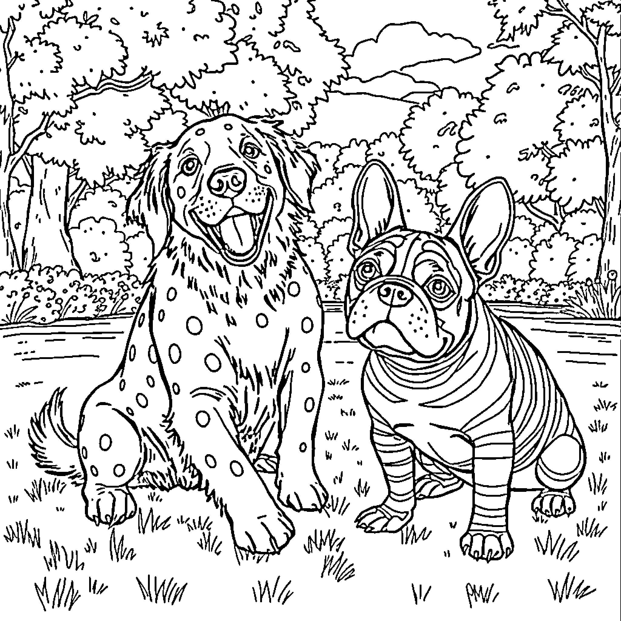 Dog friends in the forest Coloring Page (free black-and-white line drawing printable PDF for all, from beginners to advanced learners, including children, teens, adults, and seniors)