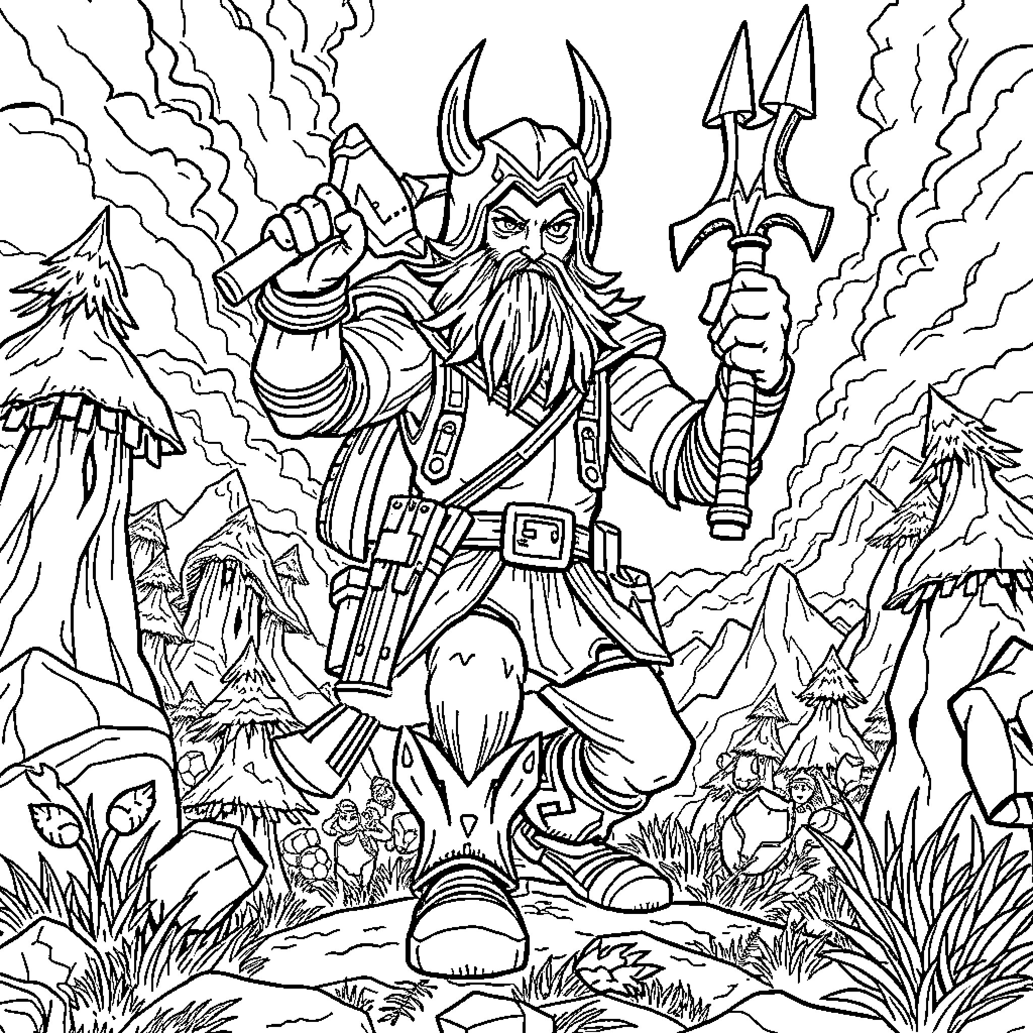 Huntrix: Warrior Viking Battling in Rugged Terrain Coloring Page (free black-and-white line drawing printable PDF for all, from beginners to advanced learners, including children, teens, adults, and seniors)
